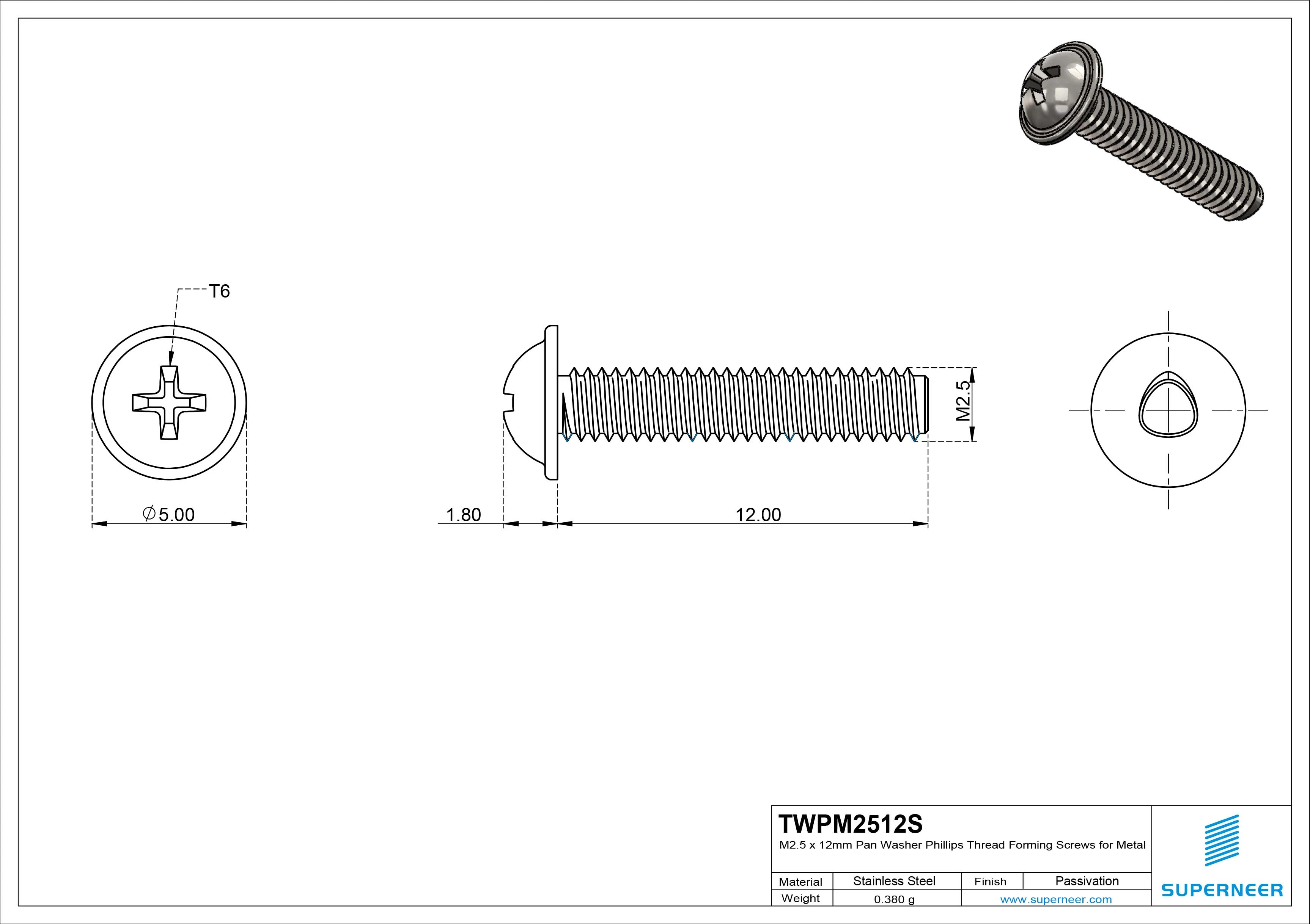 M2.5 × 12mm Pan Washer Phillips Thread Forming Screws for Metal SUS304 Stainless Steel Inox