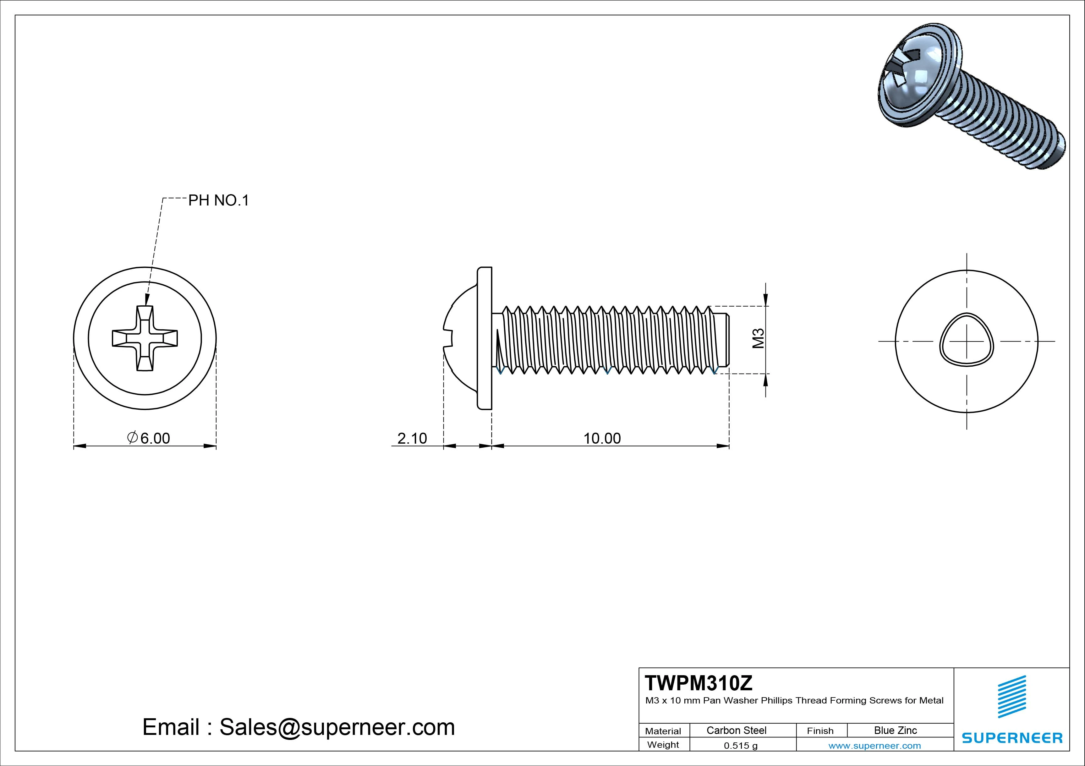 M3 × 10mm Pan Washer Phillips Thread Forming Screws for Metal Steel Blue Zinc Plated