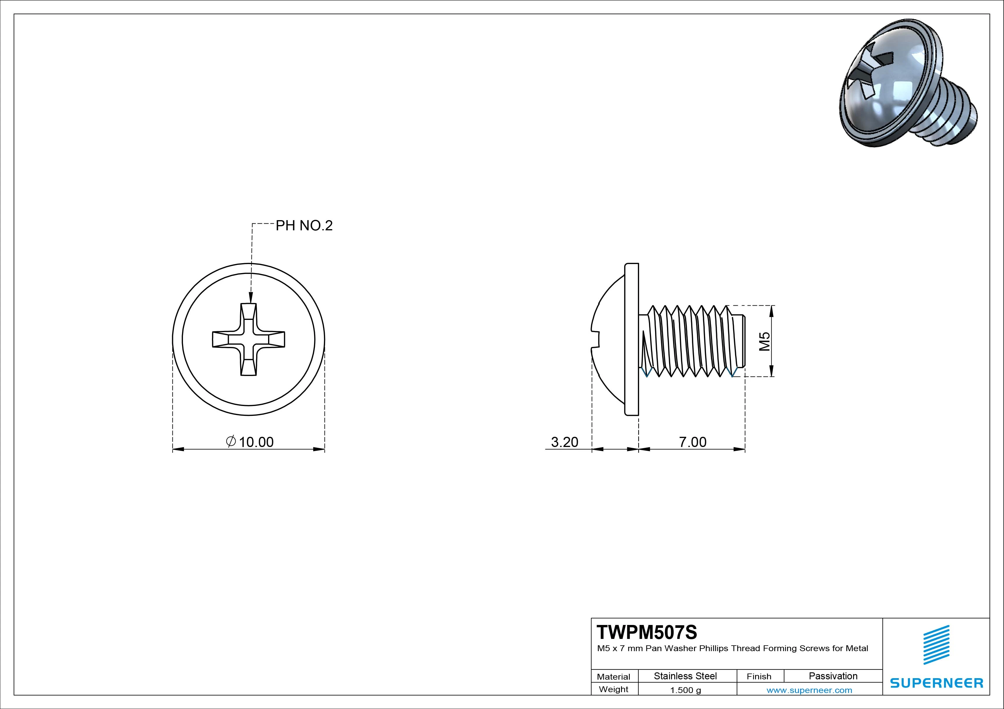 M5 × 7mm Pan Washer Phillips Thread Forming Screws for Metal SUS304 Stainless Steel Inox