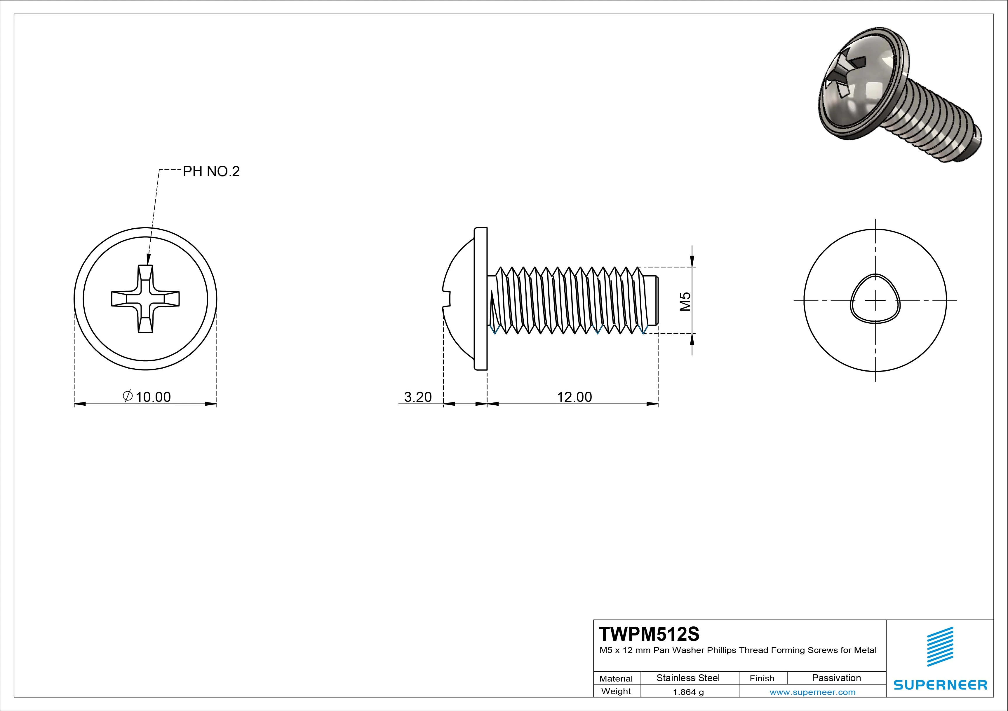 M5 × 12mm Pan Washer Phillips Thread Forming Screws for Metal SUS304 Stainless Steel Inox