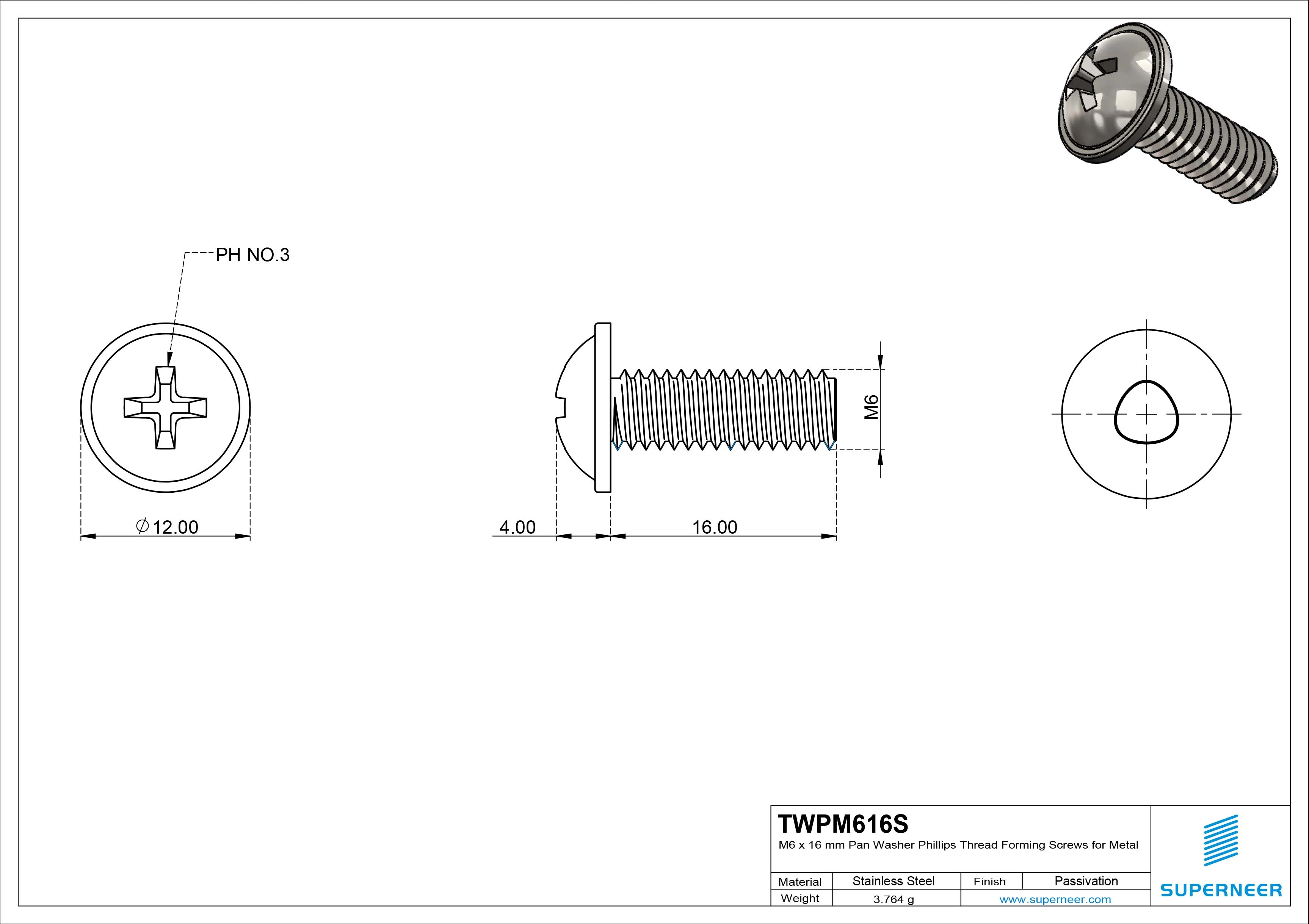 M6 × 16mm Pan Washer Phillips Thread Forming Screws for Metal SUS304 Stainless Steel Inox