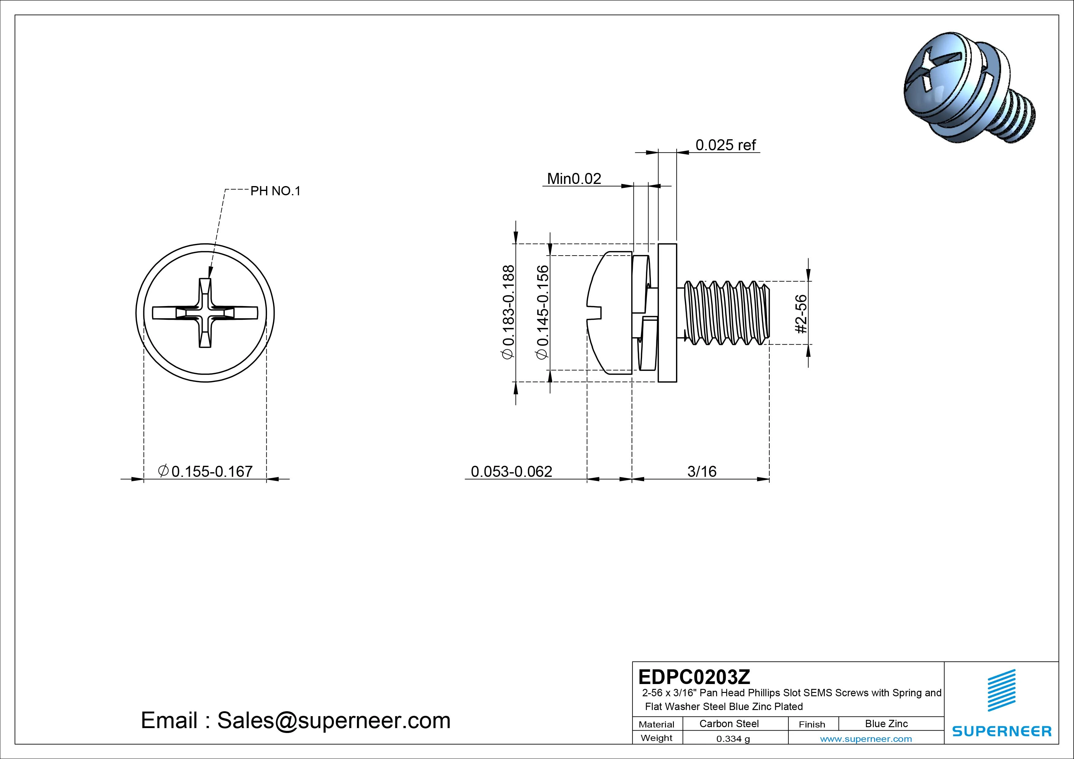 2-56 x 3/16" Pan Head Phillips Slot SEMS Screws with Spring and Flat Washer Steel Blue Zinc Plated
