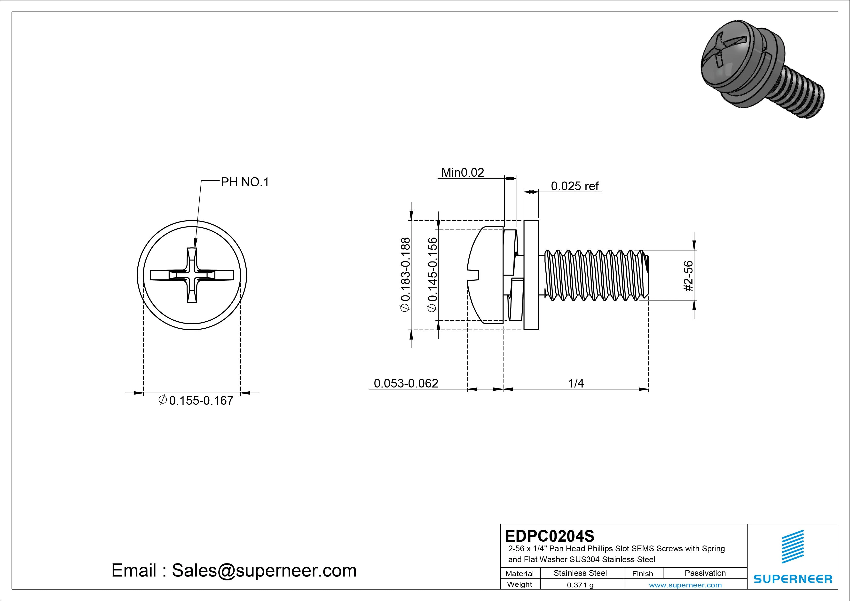 2-56 x 1/4" Pan Head Phillips Slot SEMS Screws with Spring and Flat Washer SUS304 Stainless Steel Inox