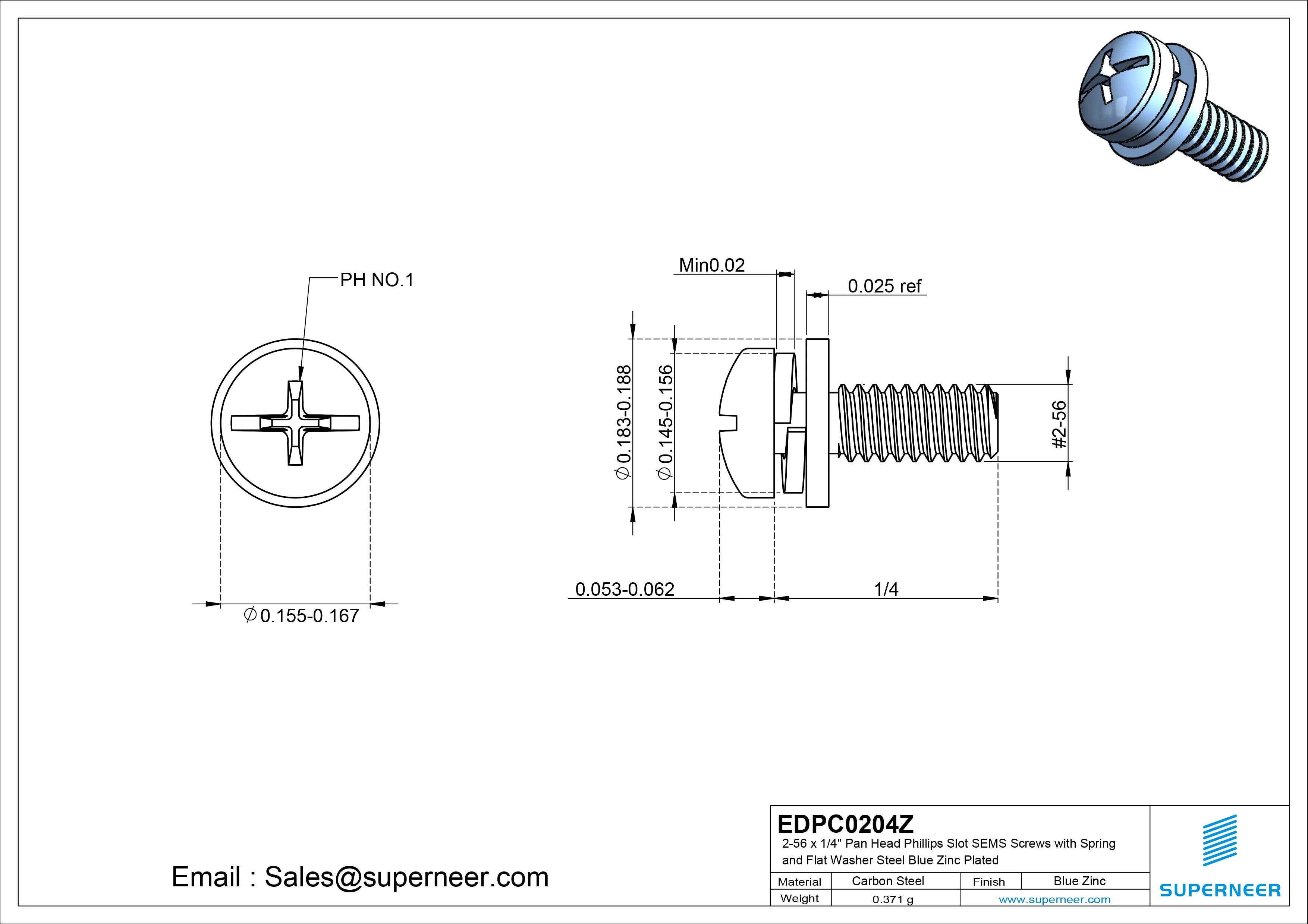 2-56 x 1/4" Pan Head Phillips Slot SEMS Screws with Spring and Flat Washer Steel Blue Zinc Plated