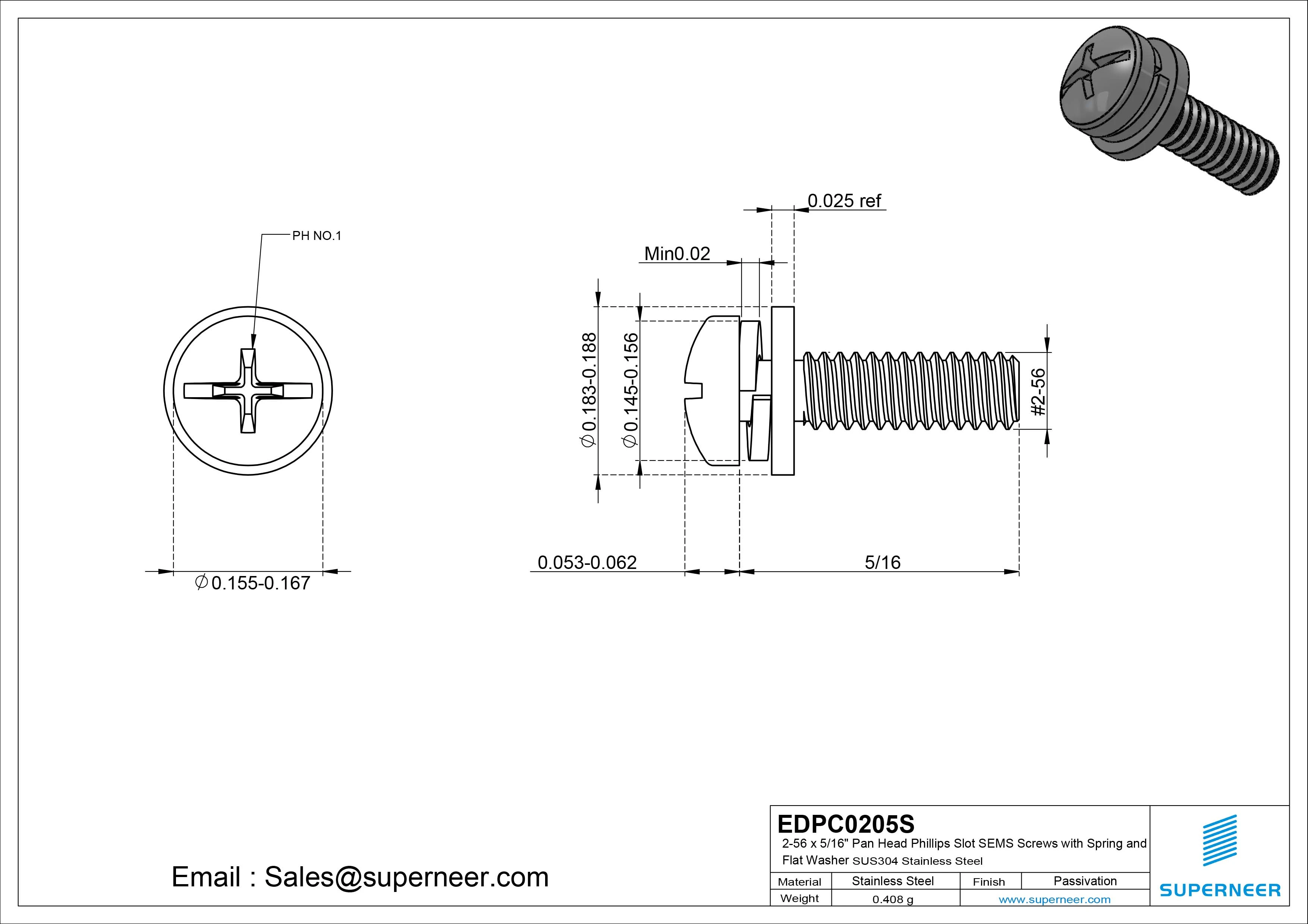2-56 x 5/16" Pan Head Phillips Slot SEMS Screws with Spring and Flat Washer SUS304 Stainless Steel Inox