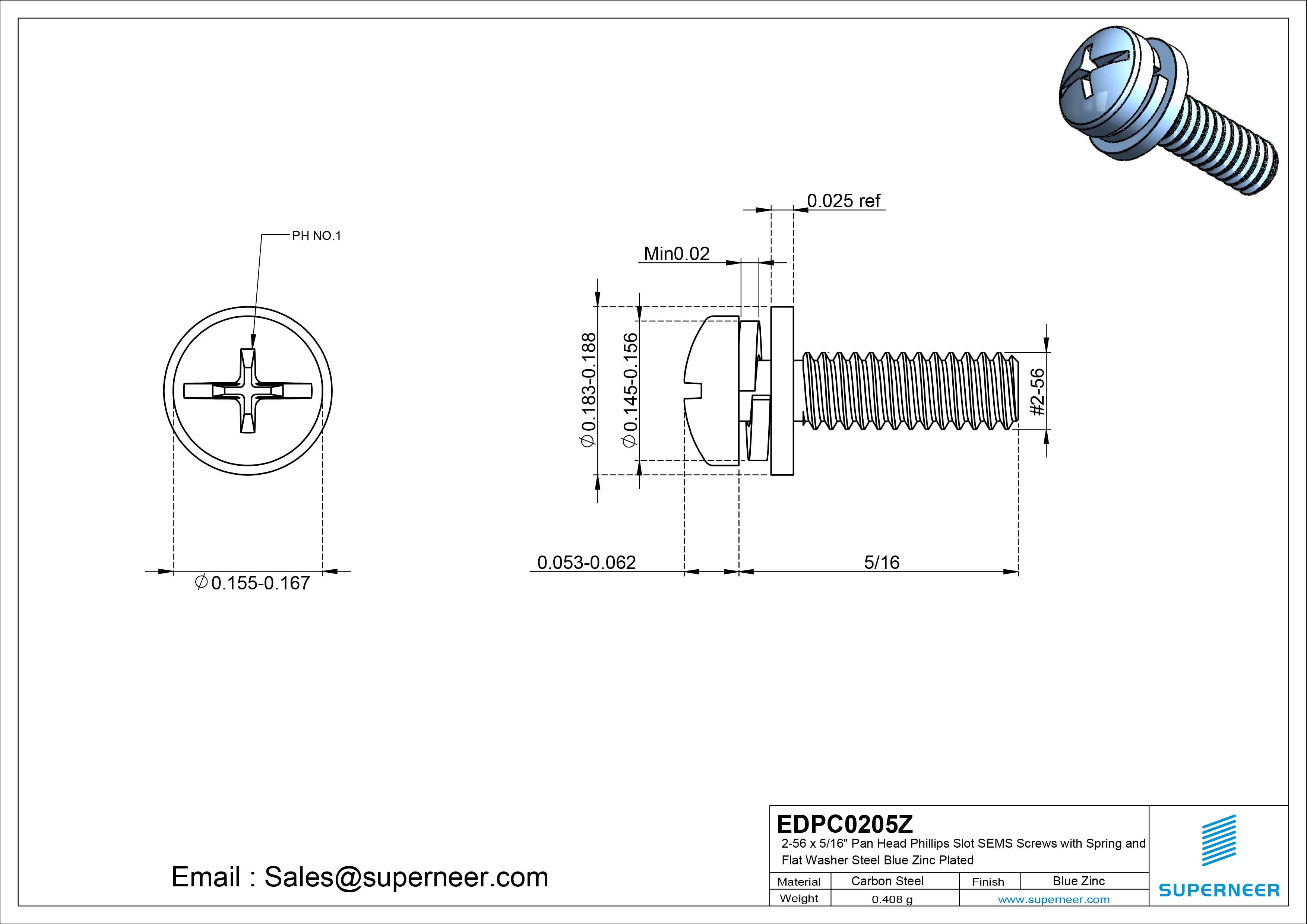 2-56 x 5/16" Pan Head Phillips Slot SEMS Screws with Spring and Flat Washer Steel Blue Zinc Plated
