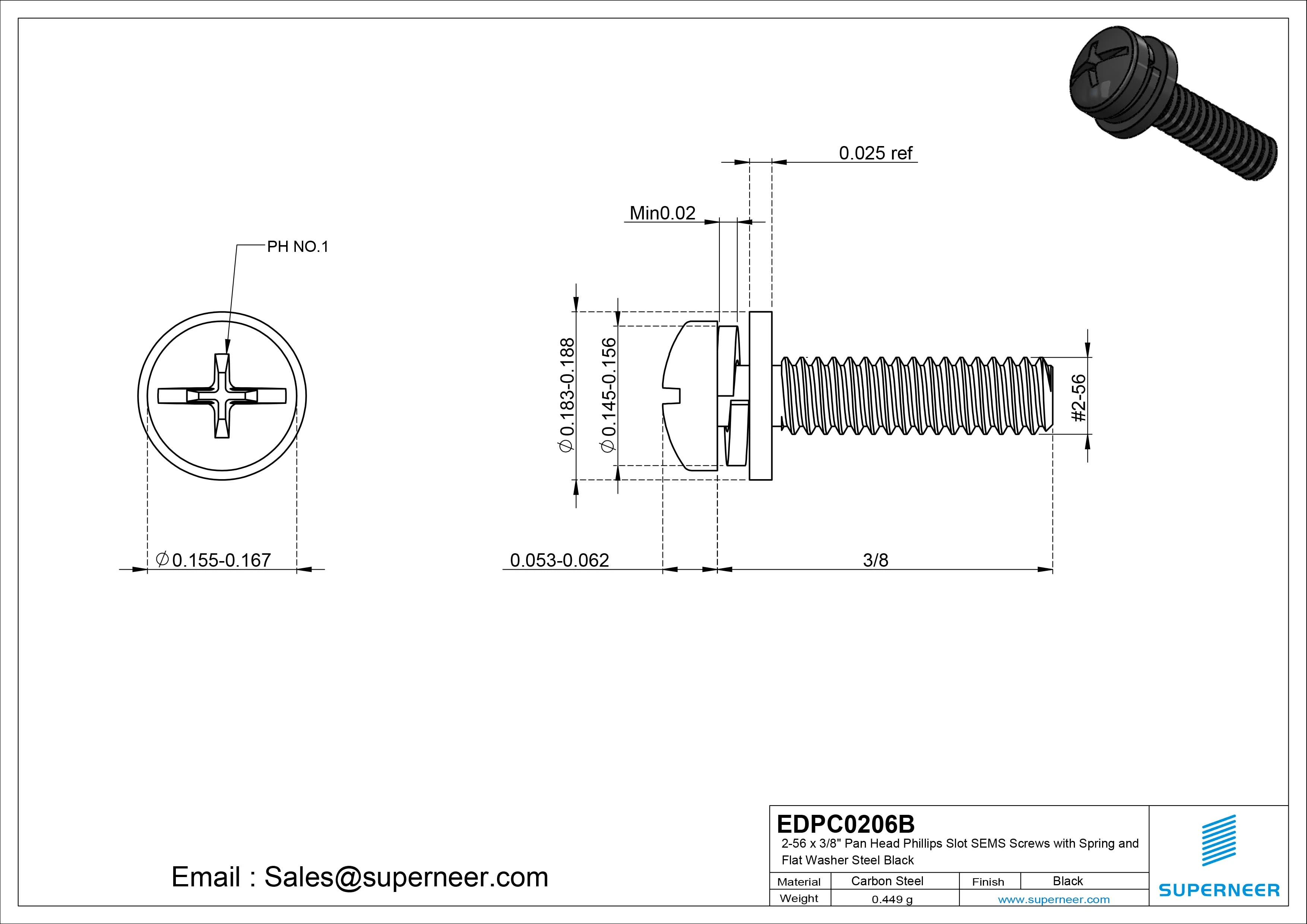 2-56 x 3/8" Pan Head Phillips Slot SEMS Screws with Spring and Flat Washer Steel Black
