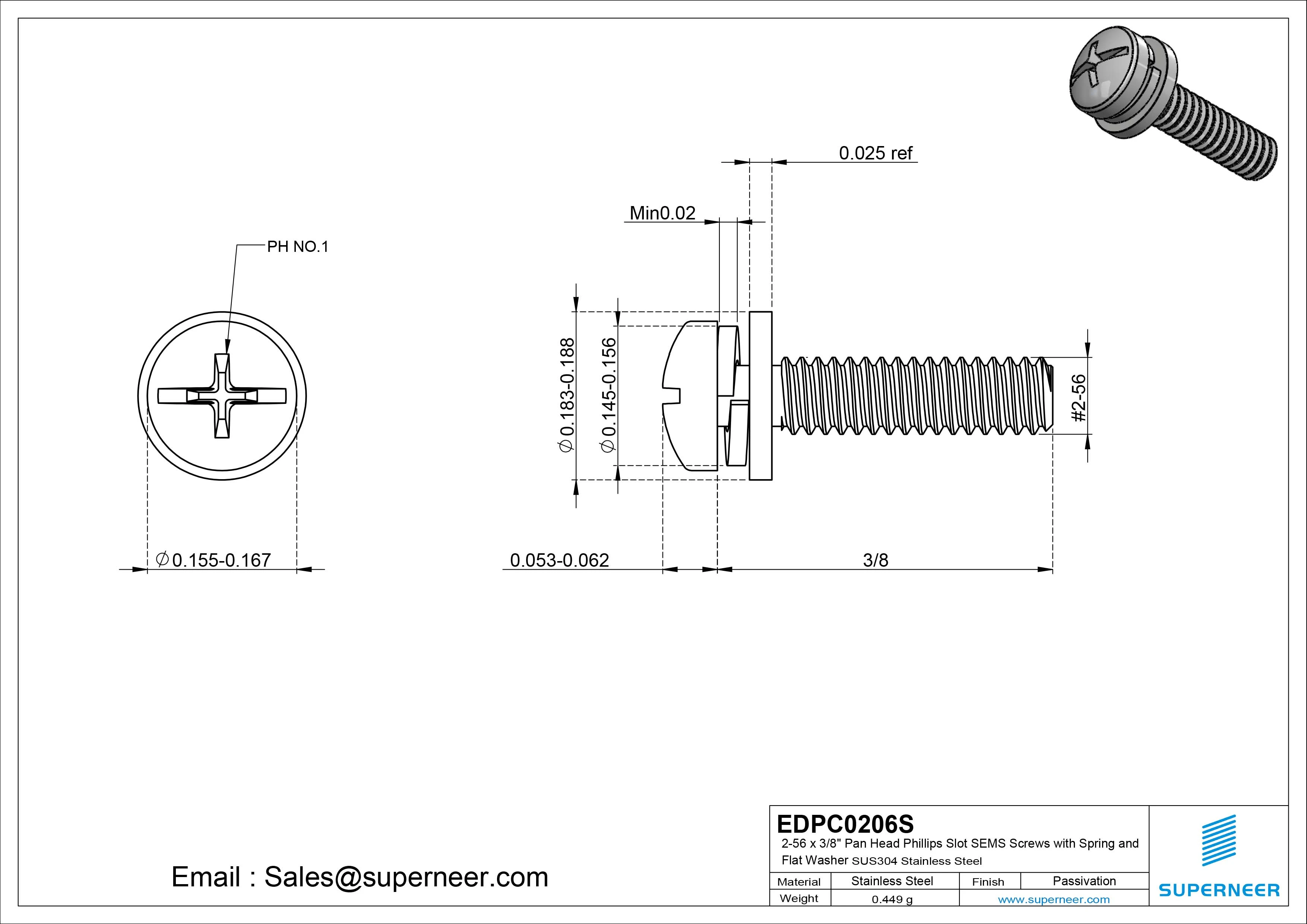 2-56 x 3/8" Pan Head Phillips Slot SEMS Screws with Spring and Flat Washer SUS304 Stainless Steel Inox