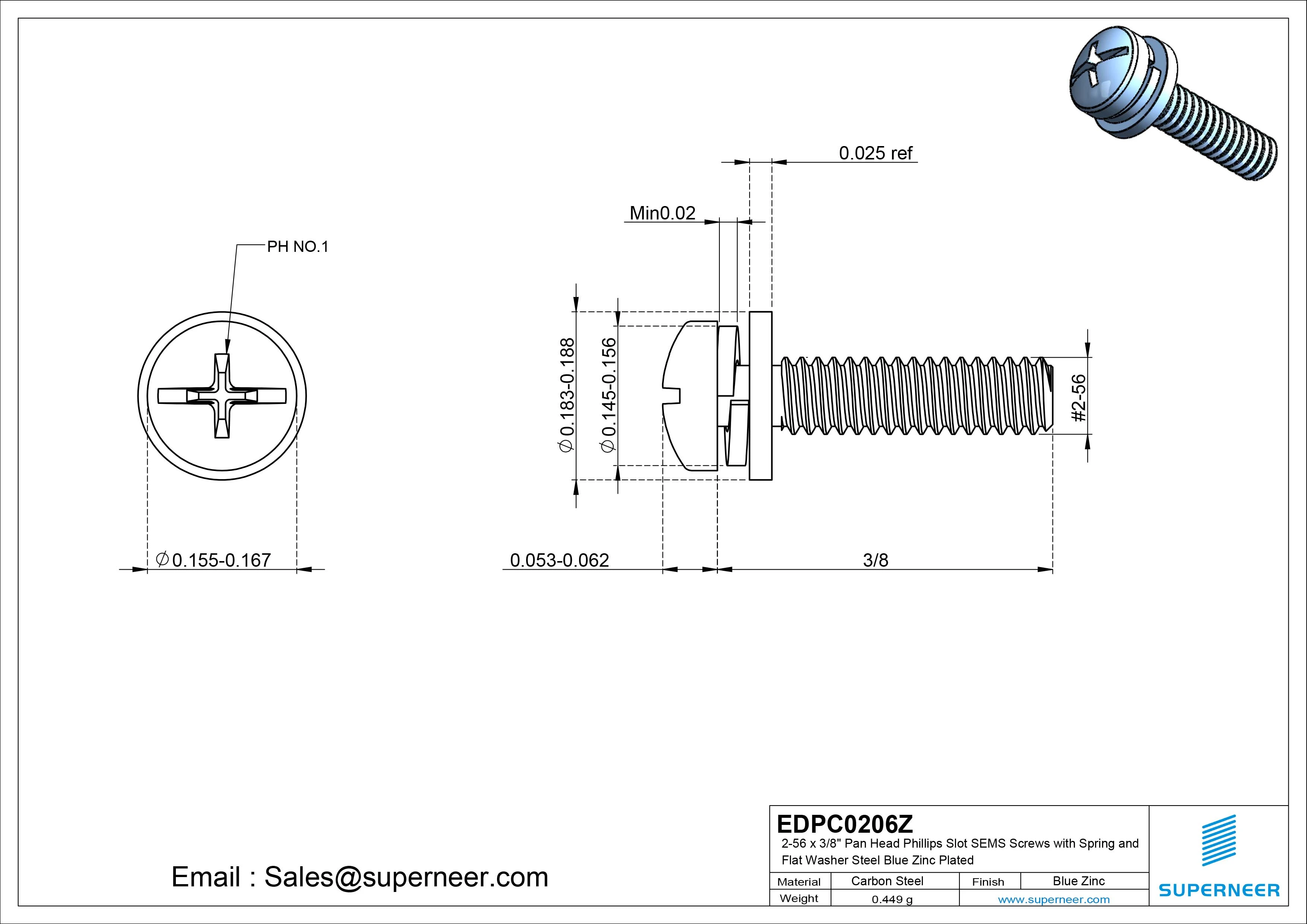 2-56 x 3/8" Pan Head Phillips Slot SEMS Screws with Spring and Flat Washer Steel Blue Zinc Plated
