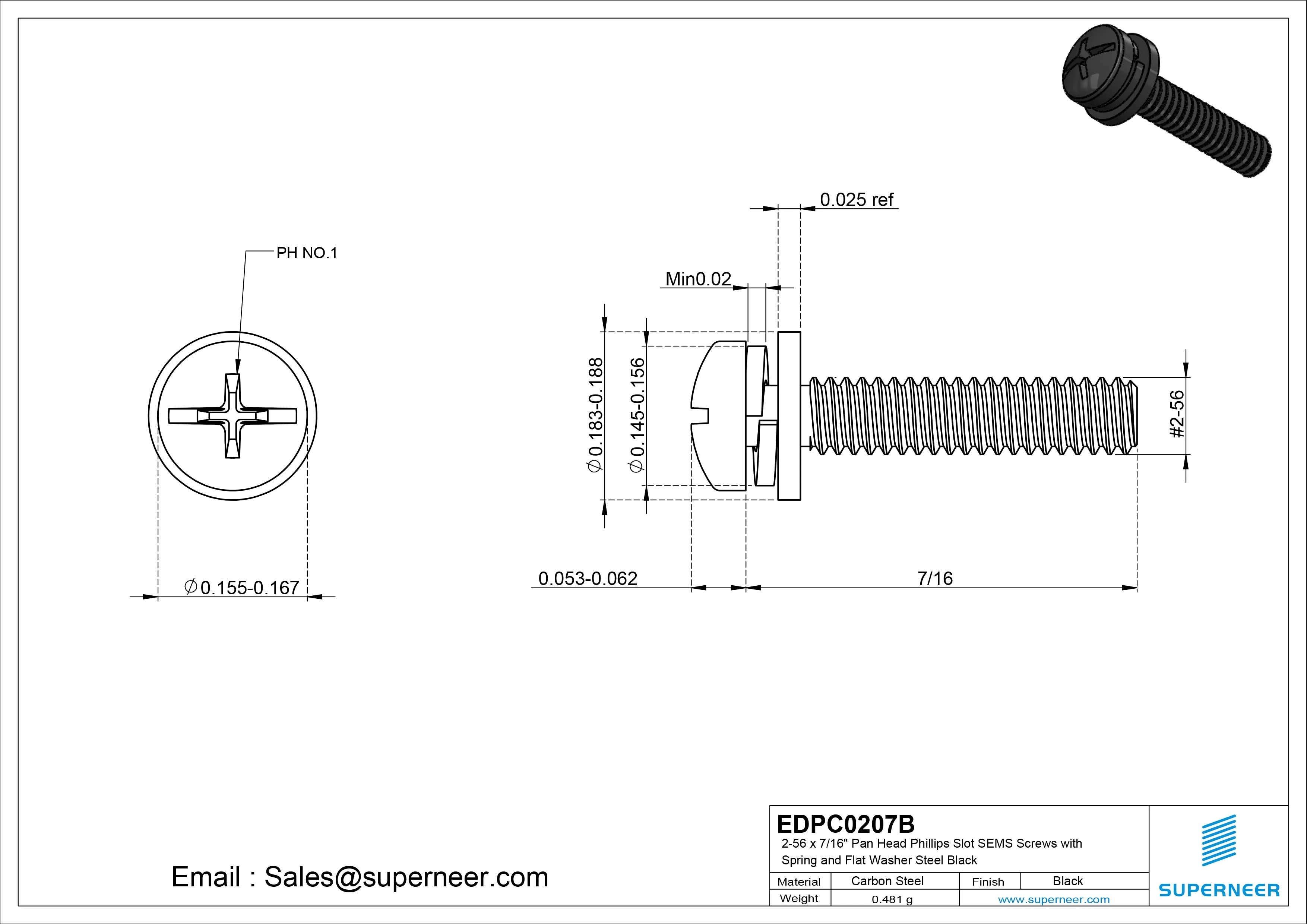 2-56 x 7/16" Pan Head Phillips Slot SEMS Screws with Spring and Flat Washer Steel Black