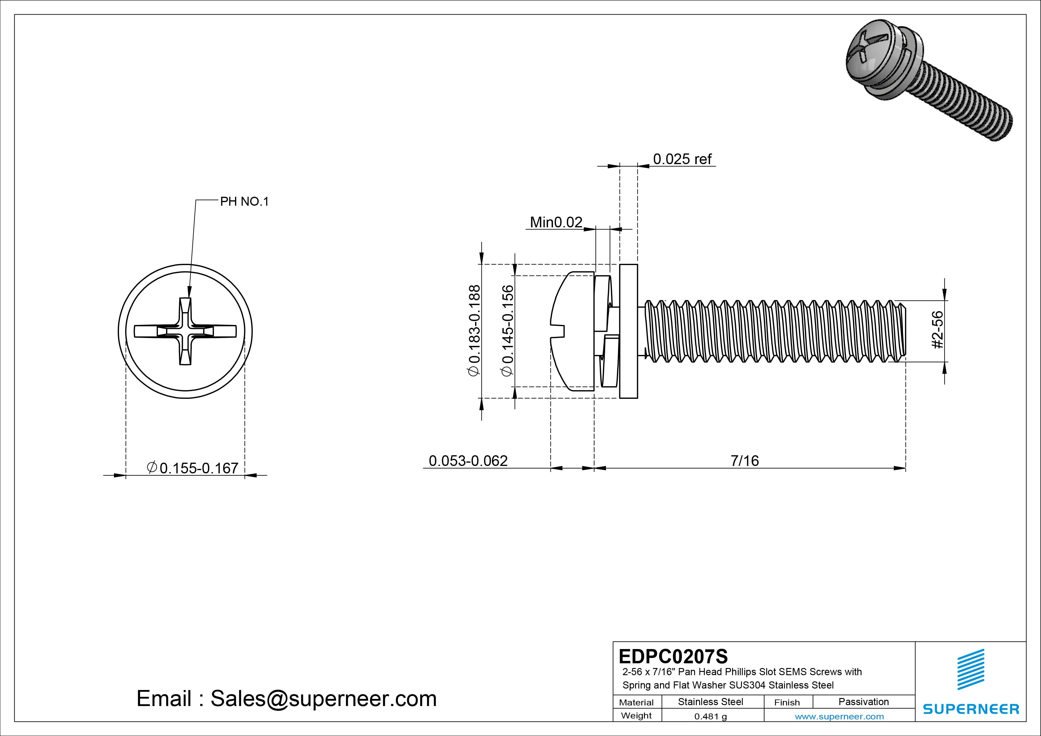 2-56 x 7/16" Pan Head Phillips Slot SEMS Screws with Spring and Flat Washer SUS304 Stainless Steel Inox