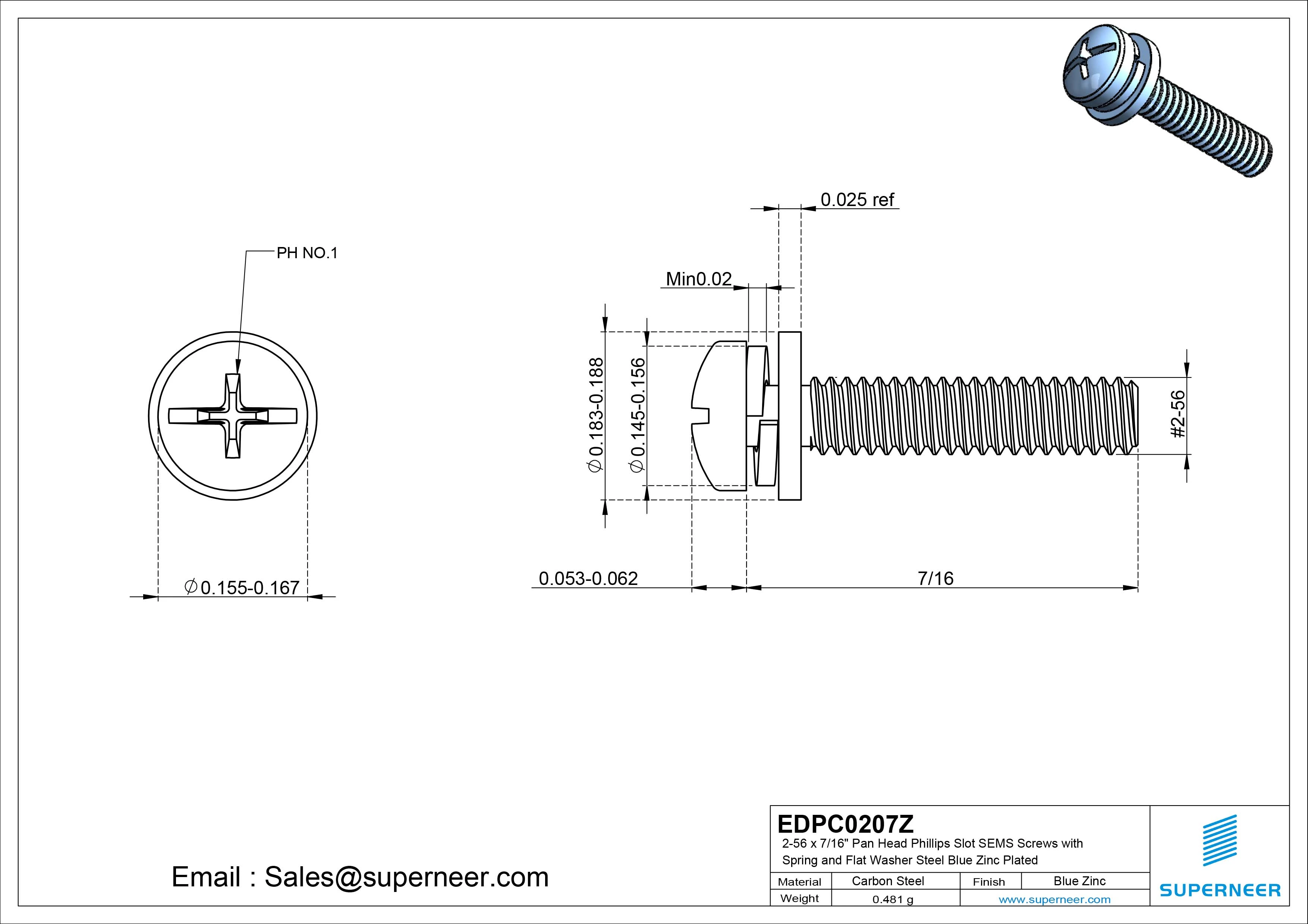 2-56 x 7/16" Pan Head Phillips Slot SEMS Screws with Spring and Flat Washer Steel Blue Zinc Plated