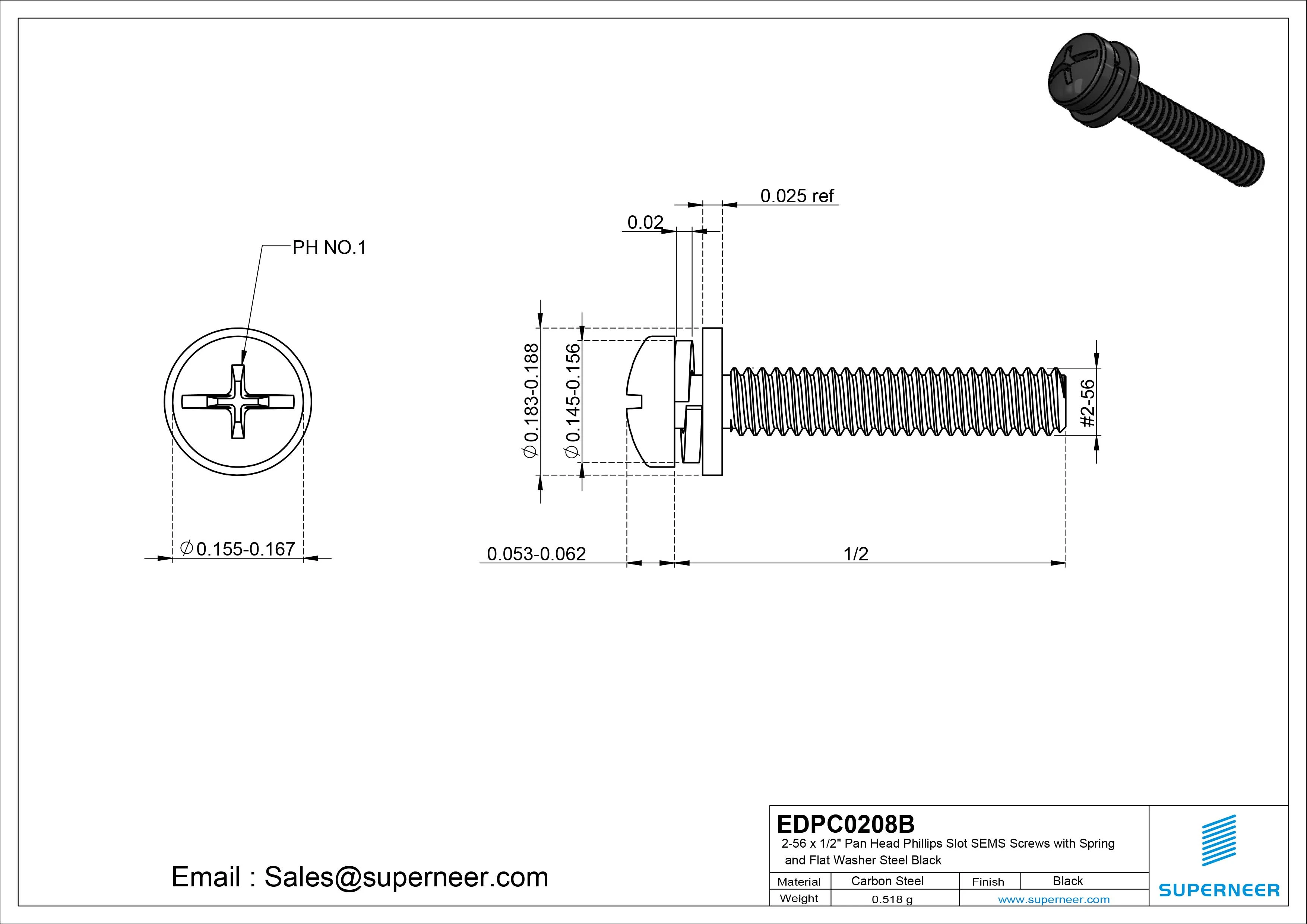 2-56 x 1/2" Pan Head Phillips Slot SEMS Screws with Spring and Flat Washer Steel Black