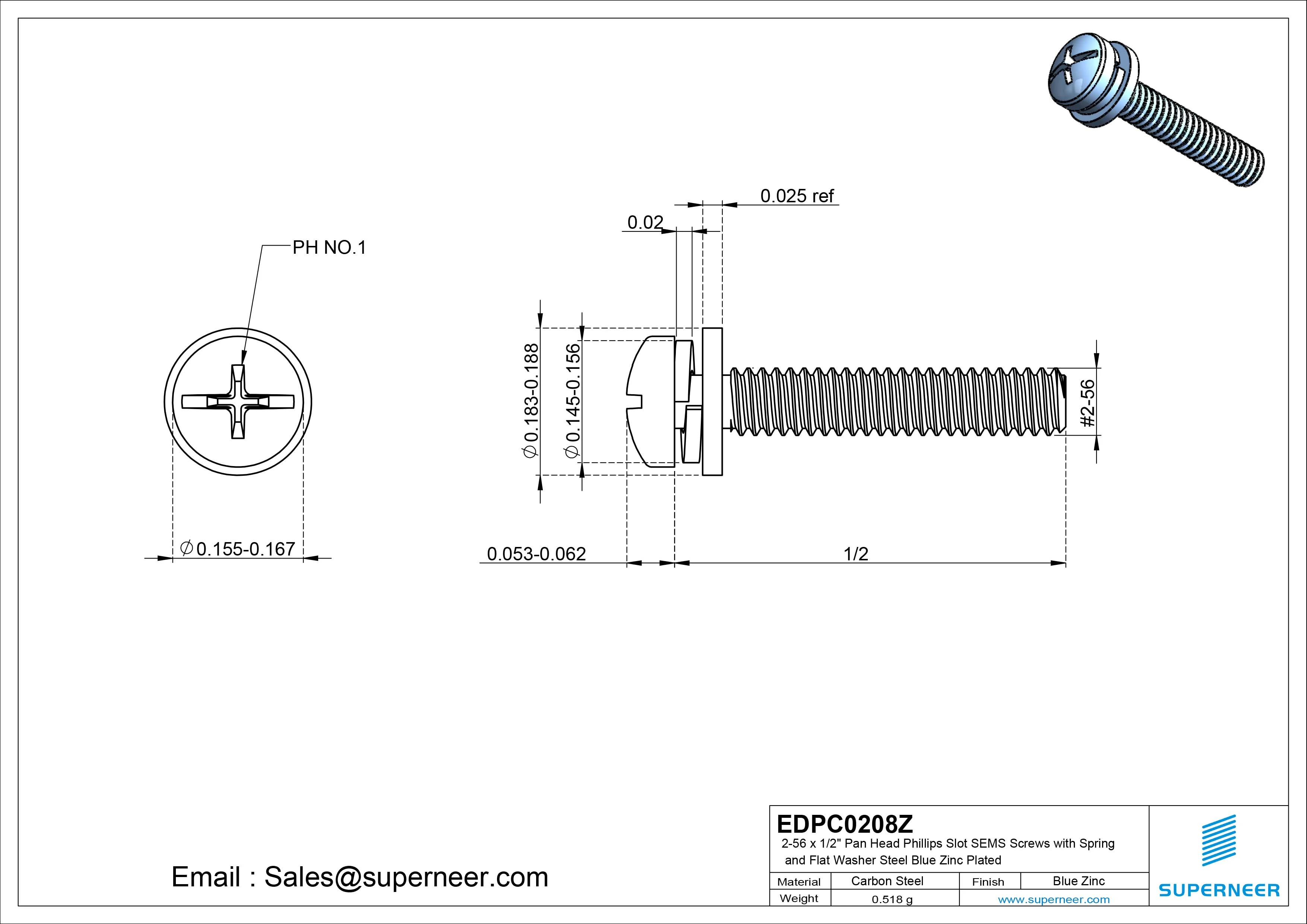 2-56 x 1/2" Pan Head Phillips Slot SEMS Screws with Spring and Flat Washer Steel Blue Zinc Plated