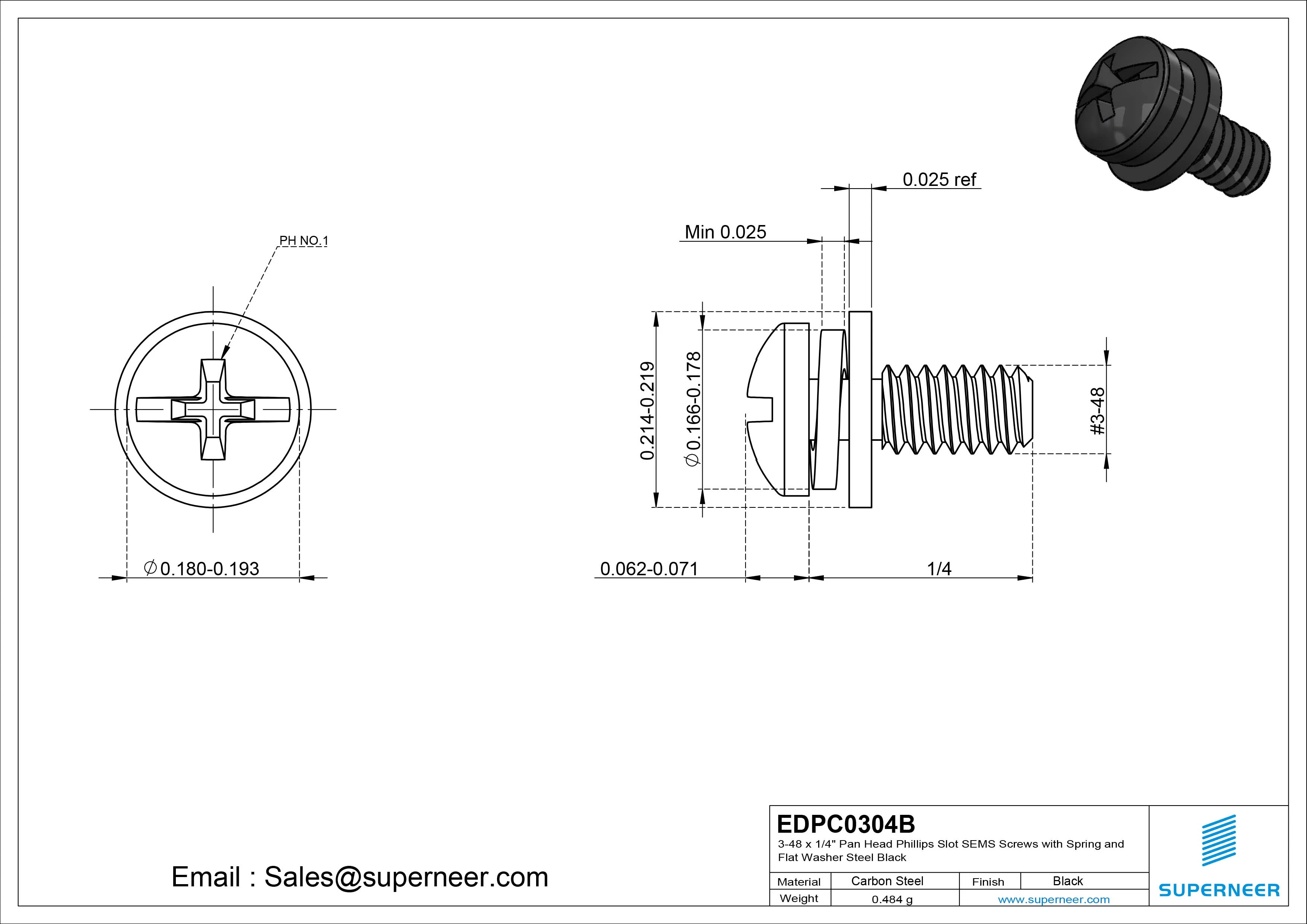 3-48 x 1/4" Pan Head Phillips Slot SEMS Screws with Spring and Flat Washer Steel Black