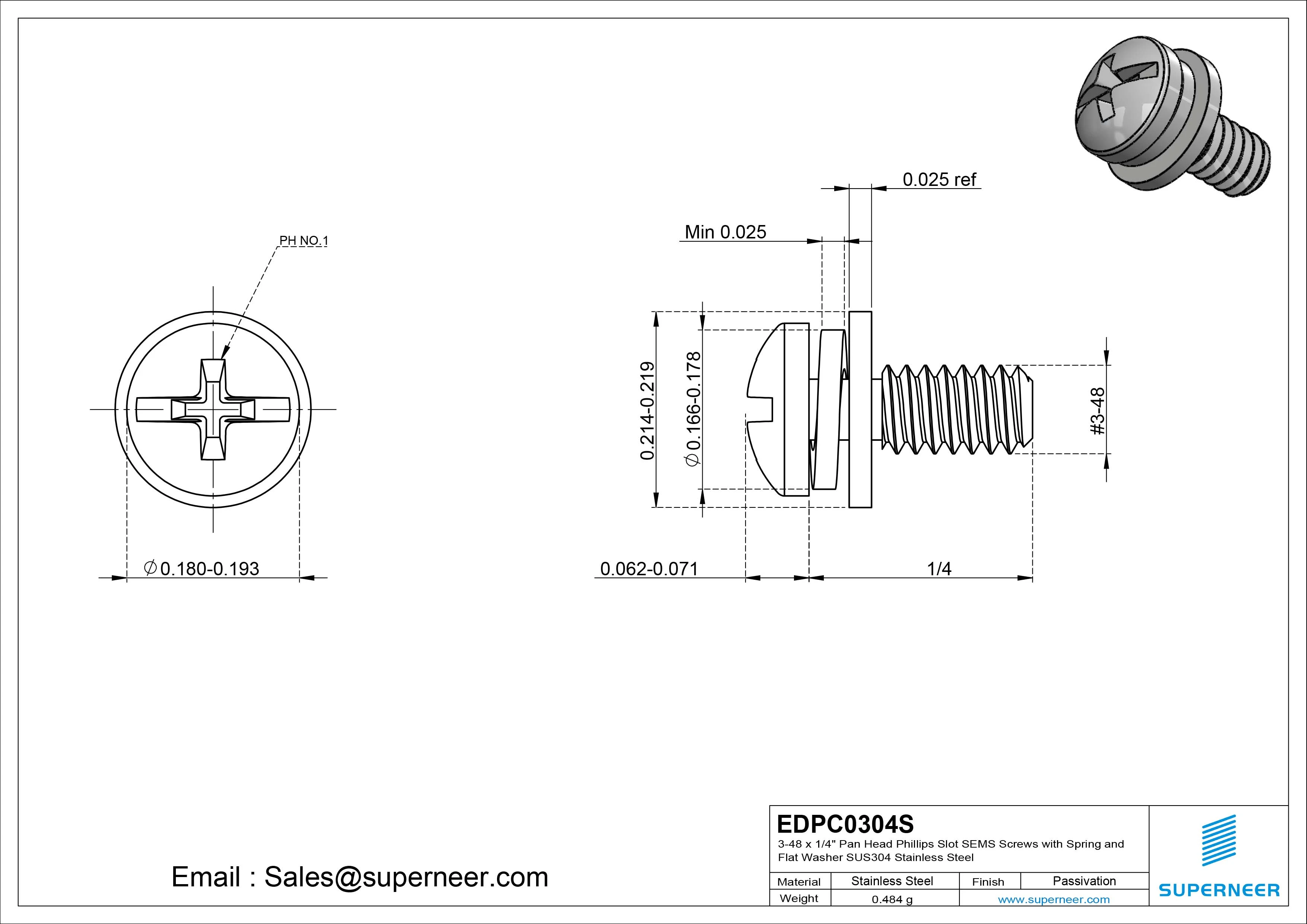 3-48 x 1/4" Pan Head Phillips Slot SEMS Screws with Spring and Flat Washer SUS304 Stainless Steel Inox