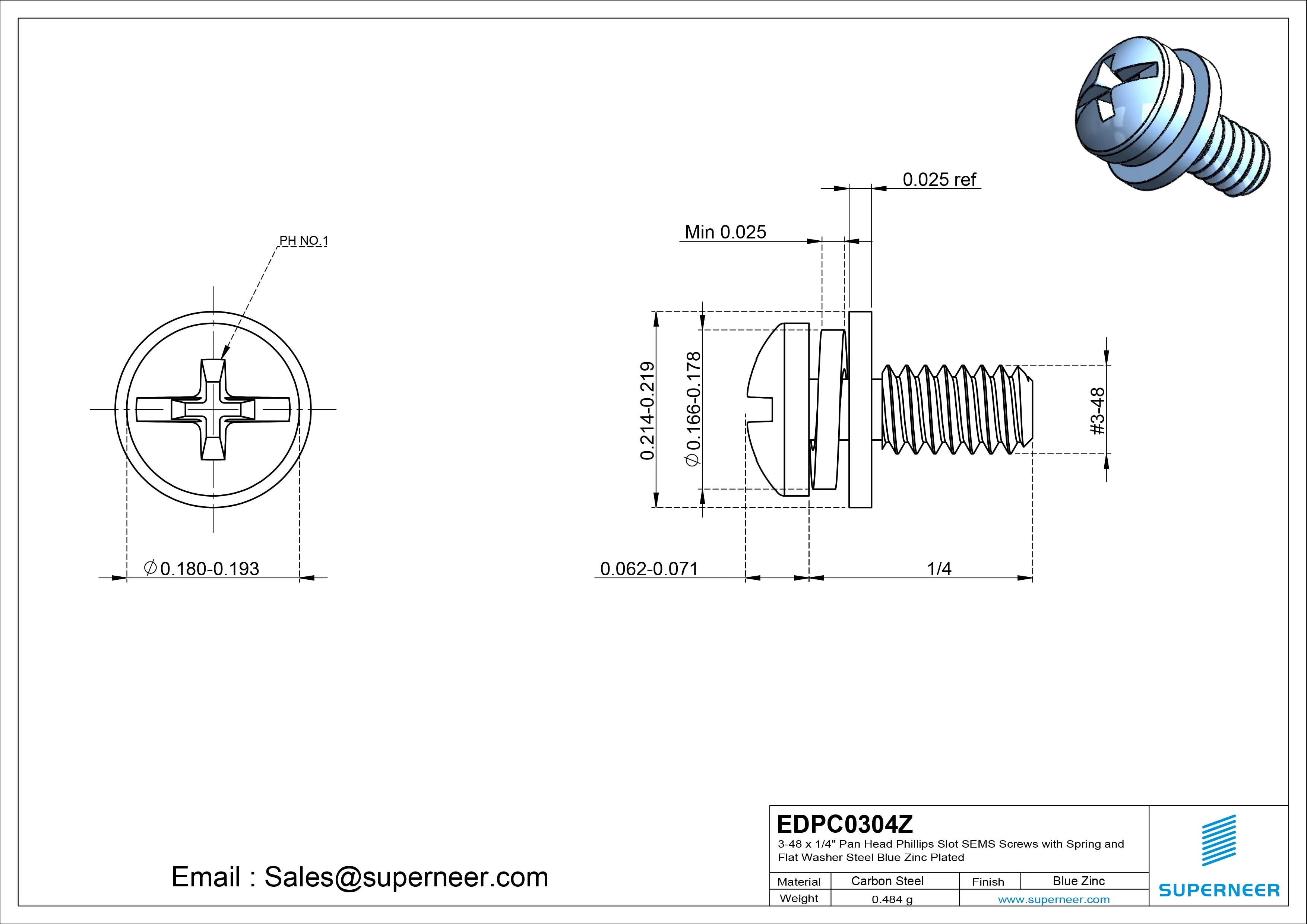 3-48 x 1/4" Pan Head Phillips Slot SEMS Screws with Spring and Flat Washer Steel Blue Zinc Plated