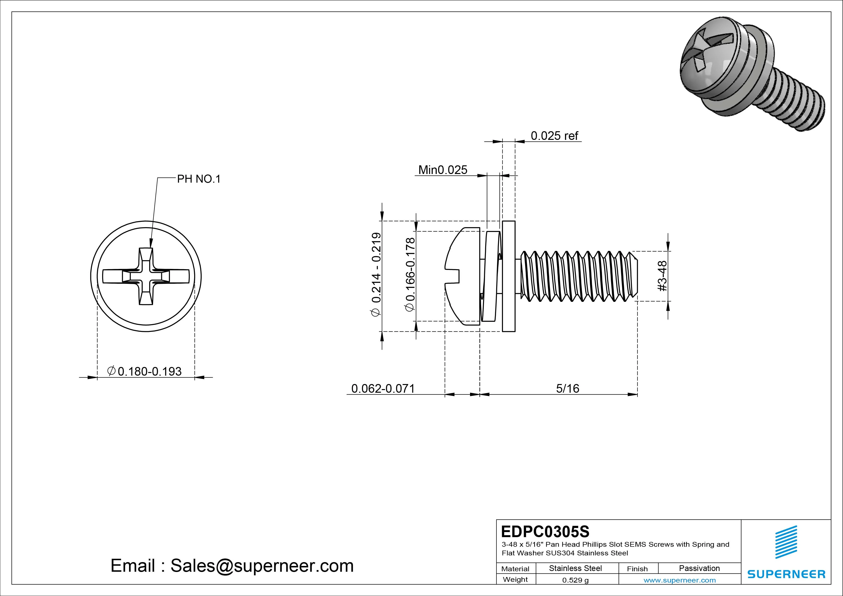 3-48 x 5/16" Pan Head Phillips Slot SEMS Screws with Spring and Flat Washer SUS304 Stainless Steel Inox