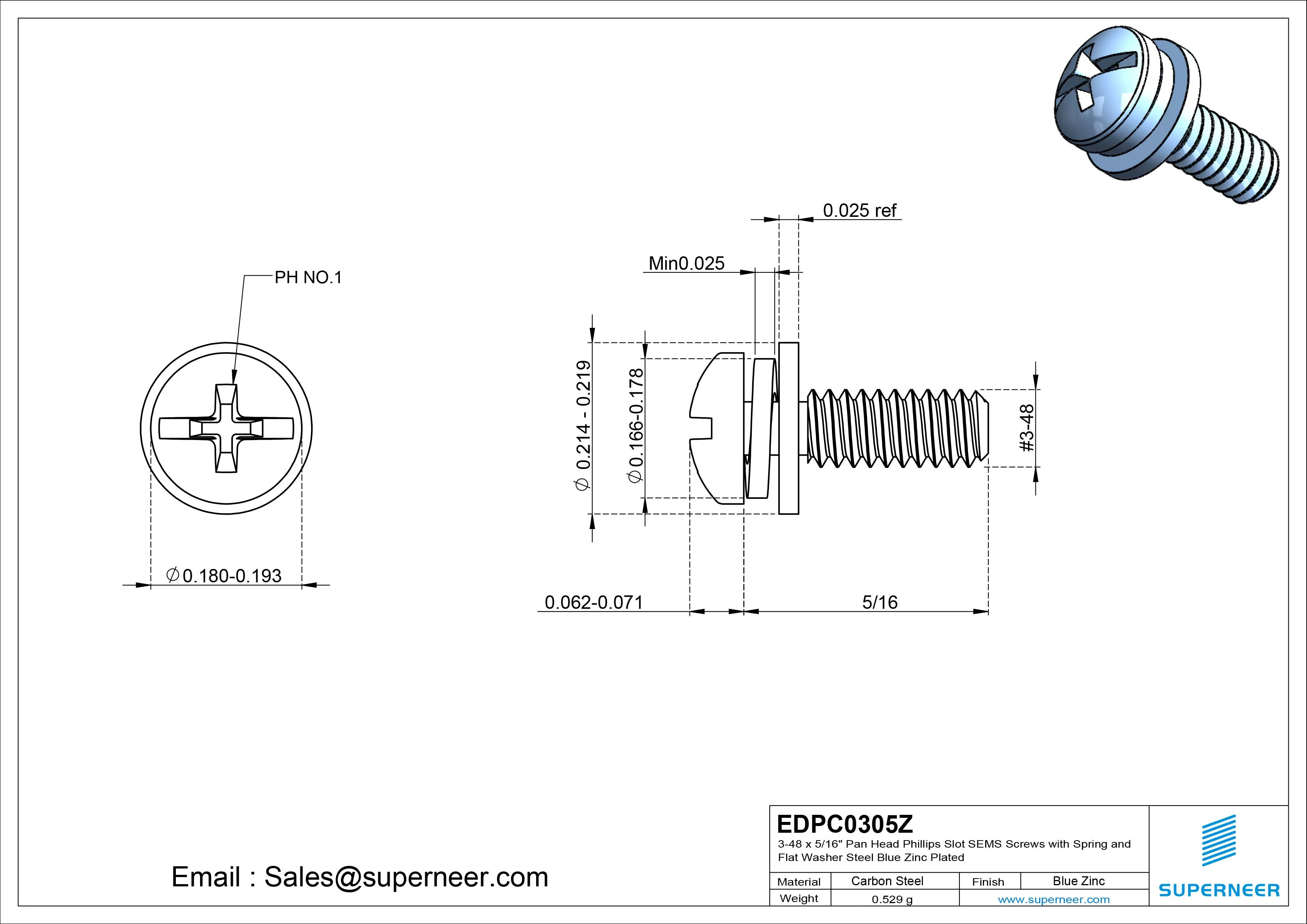 3-48 x 5/16" Pan Head Phillips Slot SEMS Screws with Spring and Flat Washer Steel Blue Zinc Plated