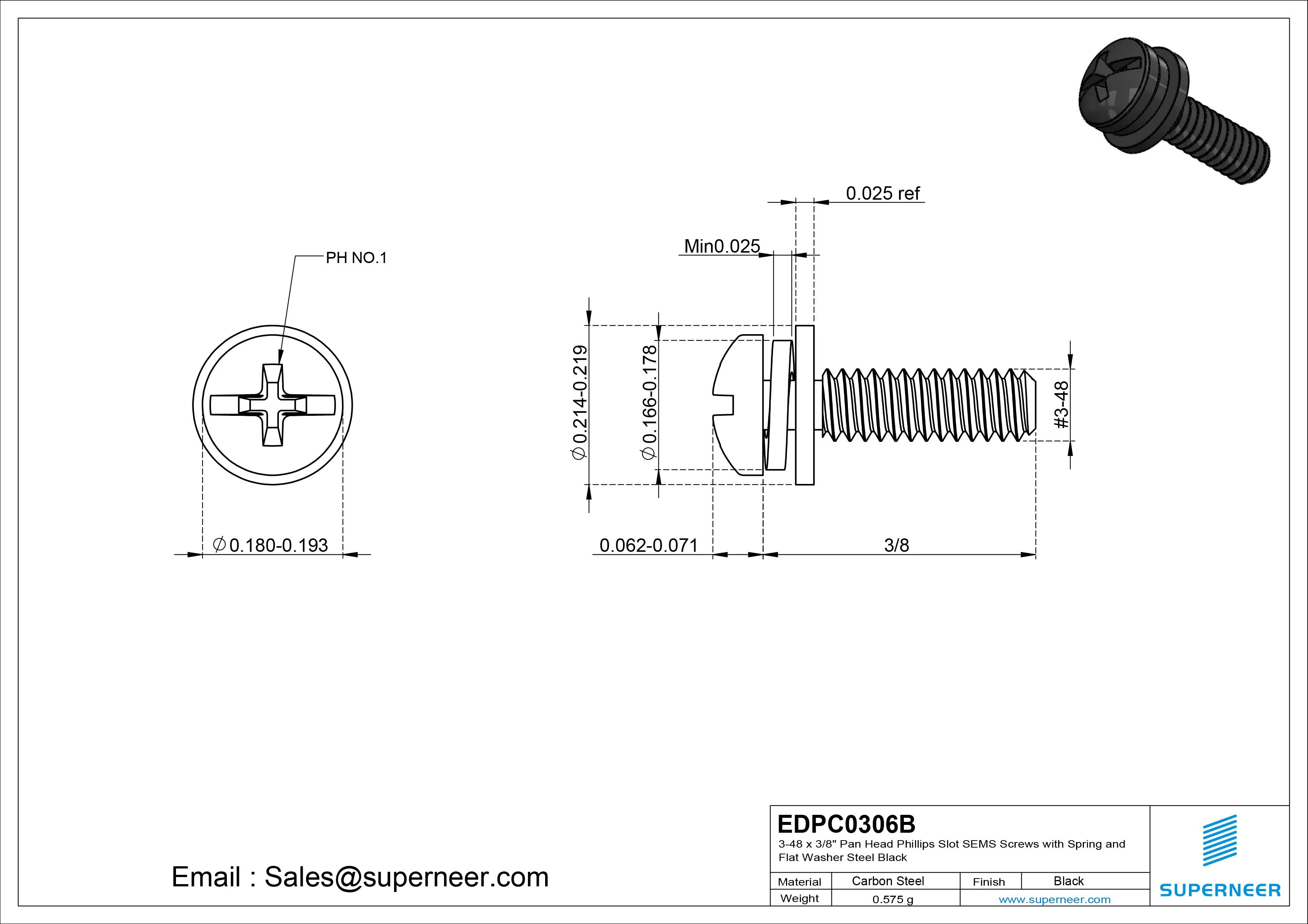 3-48 x 3/8" Pan Head Phillips Slot SEMS Screws with Spring and Flat Washer Steel Black