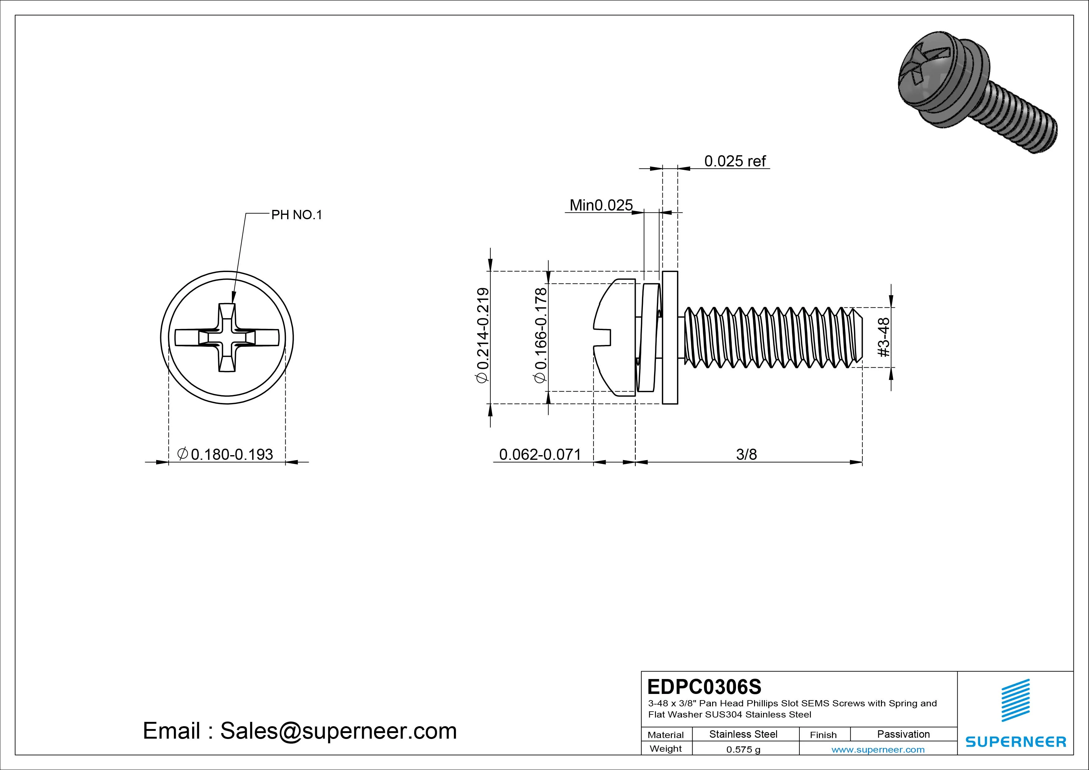 3-48 x 3/8" Pan Head Phillips Slot SEMS Screws with Spring and Flat Washer SUS304 Stainless Steel Inox