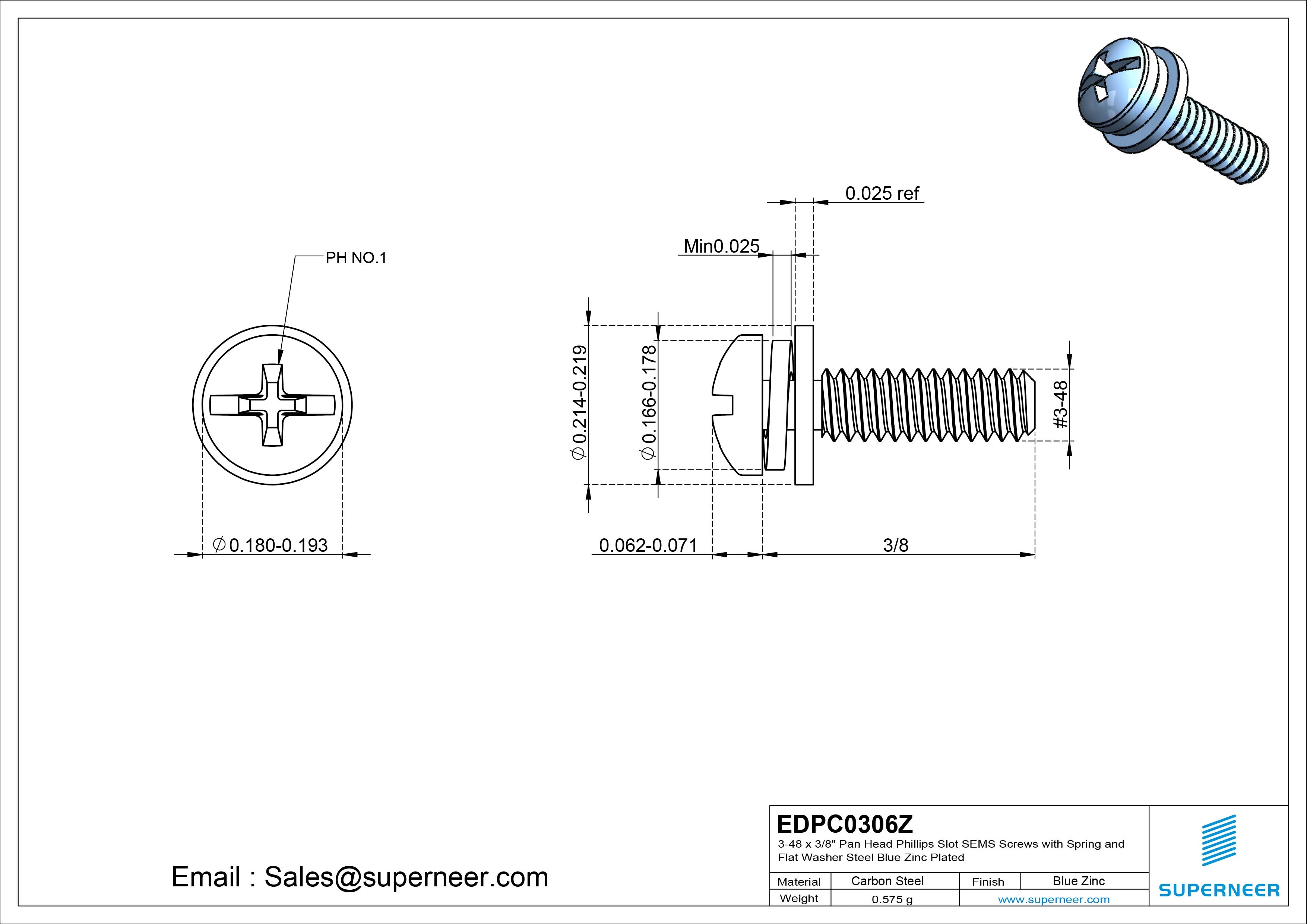 3-48 x 3/8" Pan Head Phillips Slot SEMS Screws with Spring and Flat Washer Steel Blue Zinc Plated