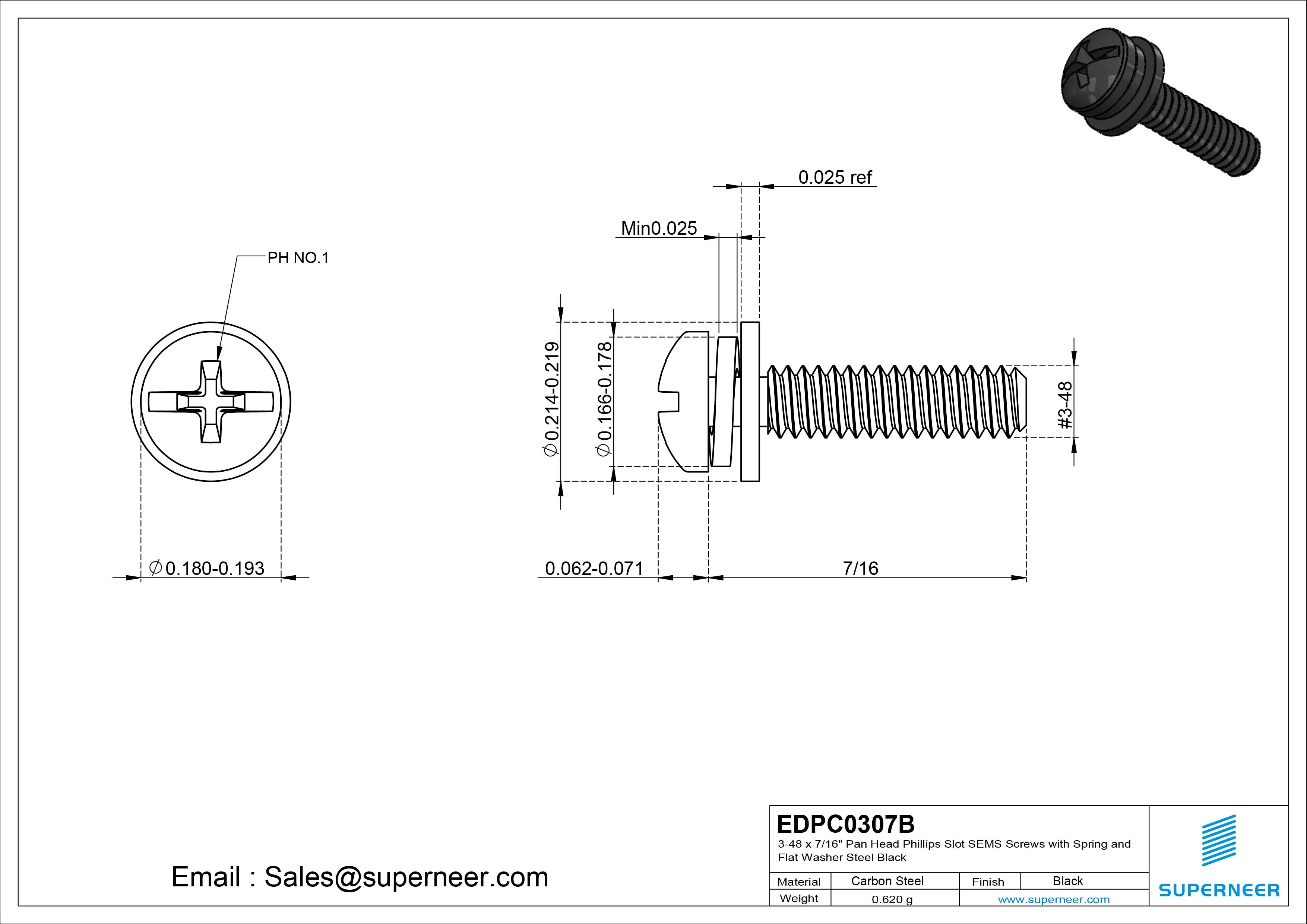 3-48 x 7/16" Pan Head Phillips Slot SEMS Screws with Spring and Flat Washer Steel Black