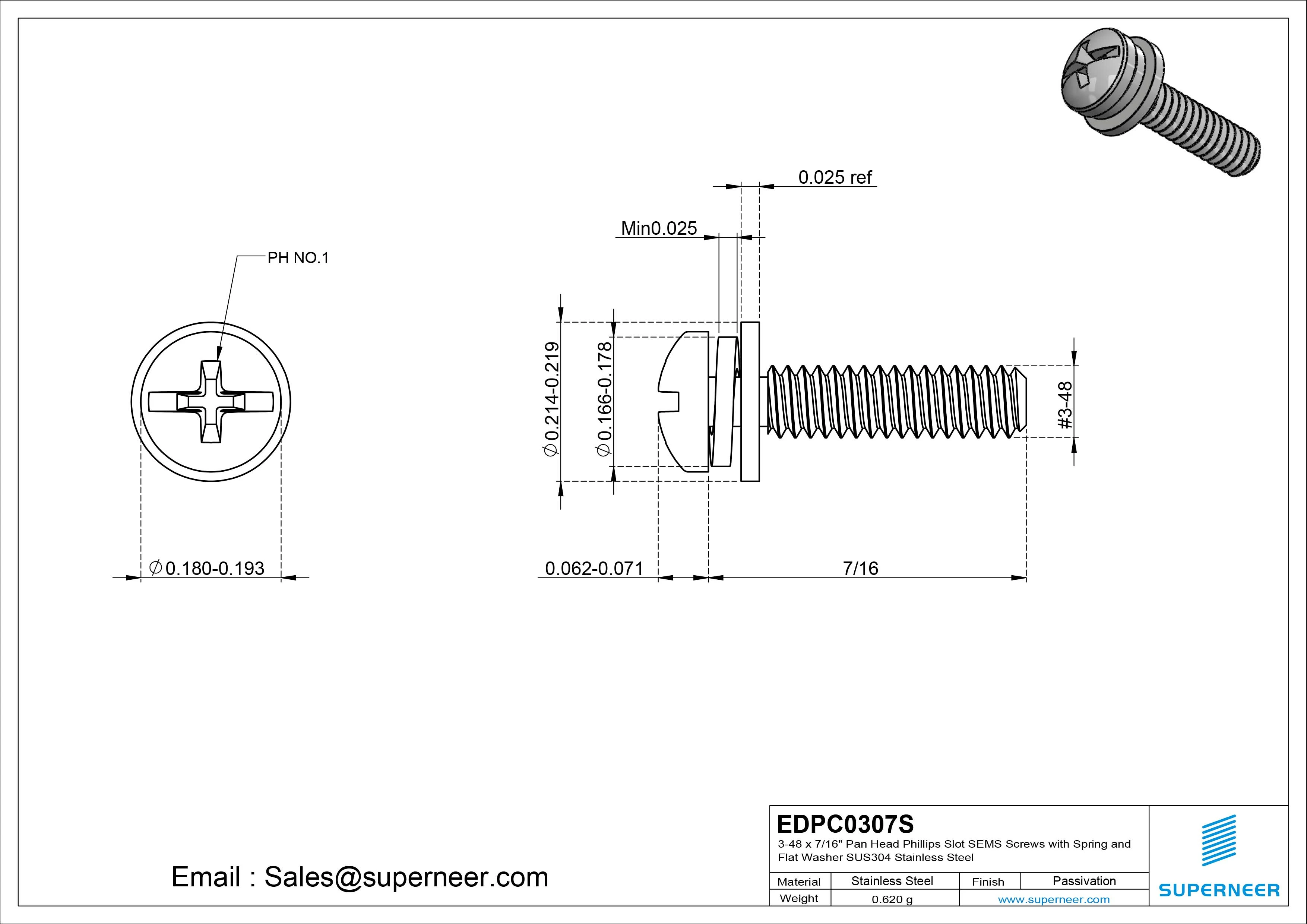 3-48 x 7/16" Pan Head Phillips Slot SEMS Screws with Spring and Flat Washer SUS304 Stainless Steel Inox