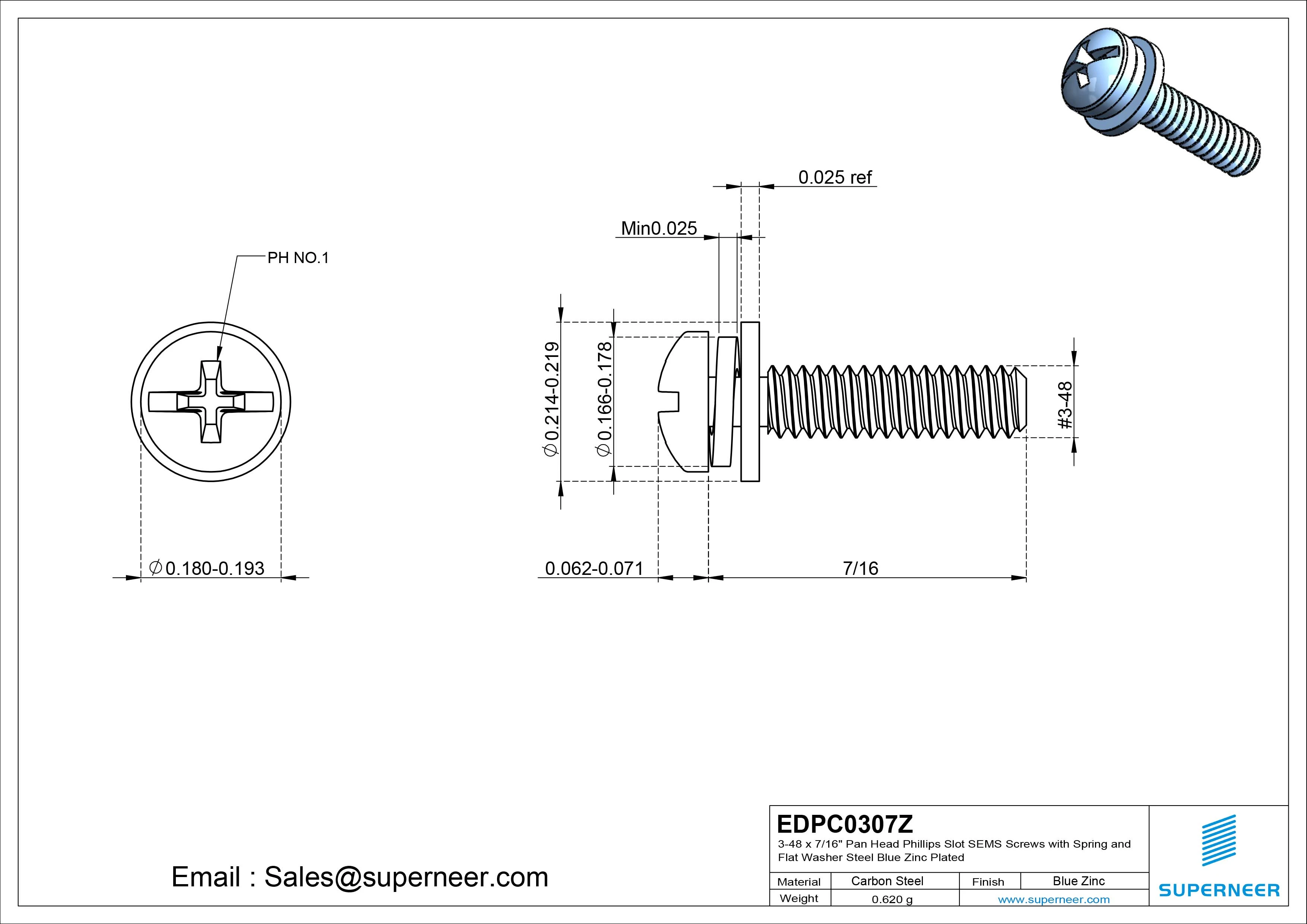3-48 x 7/16" Pan Head Phillips Slot SEMS Screws with Spring and Flat Washer Steel Blue Zinc Plated