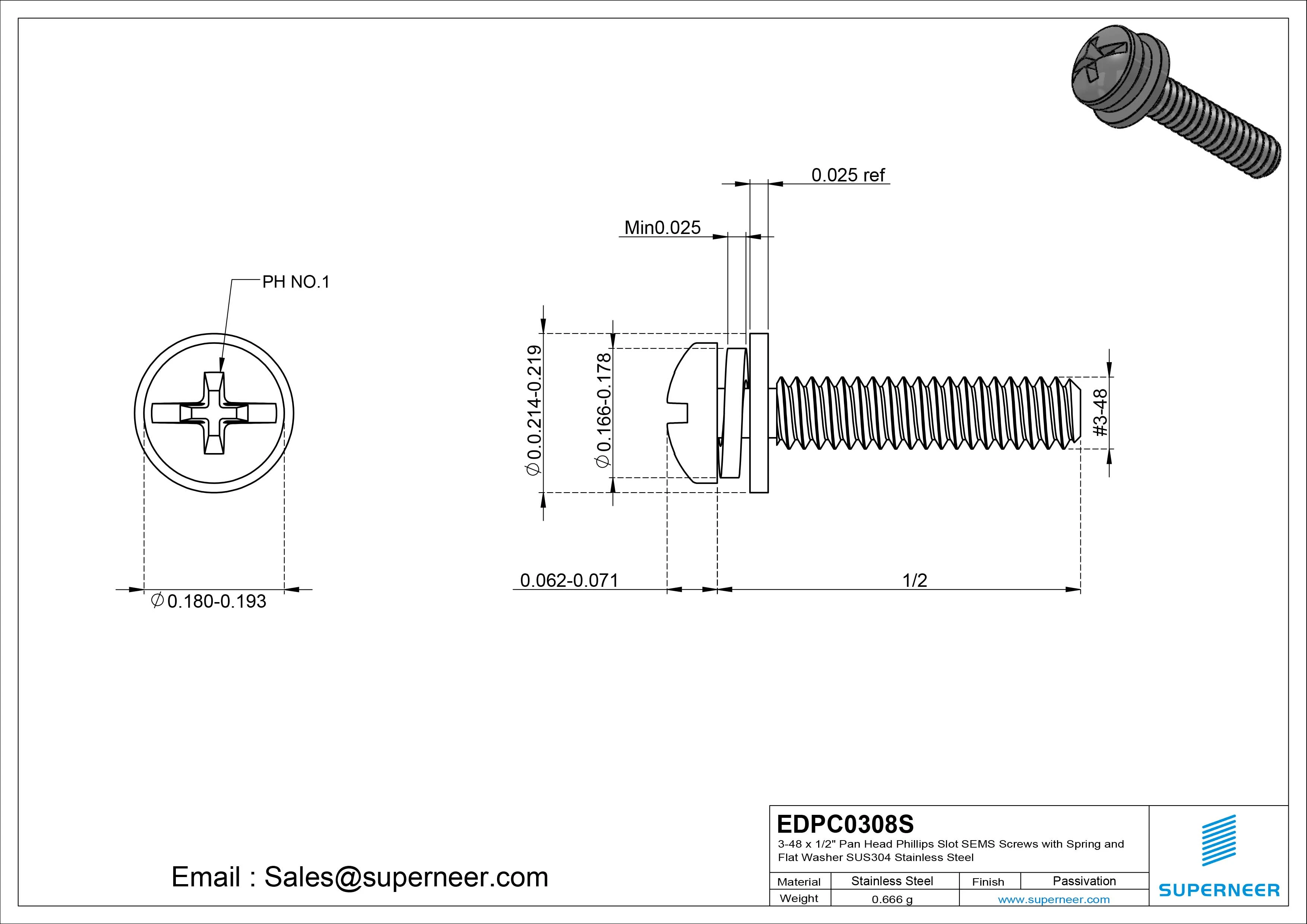 3-48 x 1/2" Pan Head Phillips Slot SEMS Screws with Spring and Flat Washer SUS304 Stainless Steel Inox