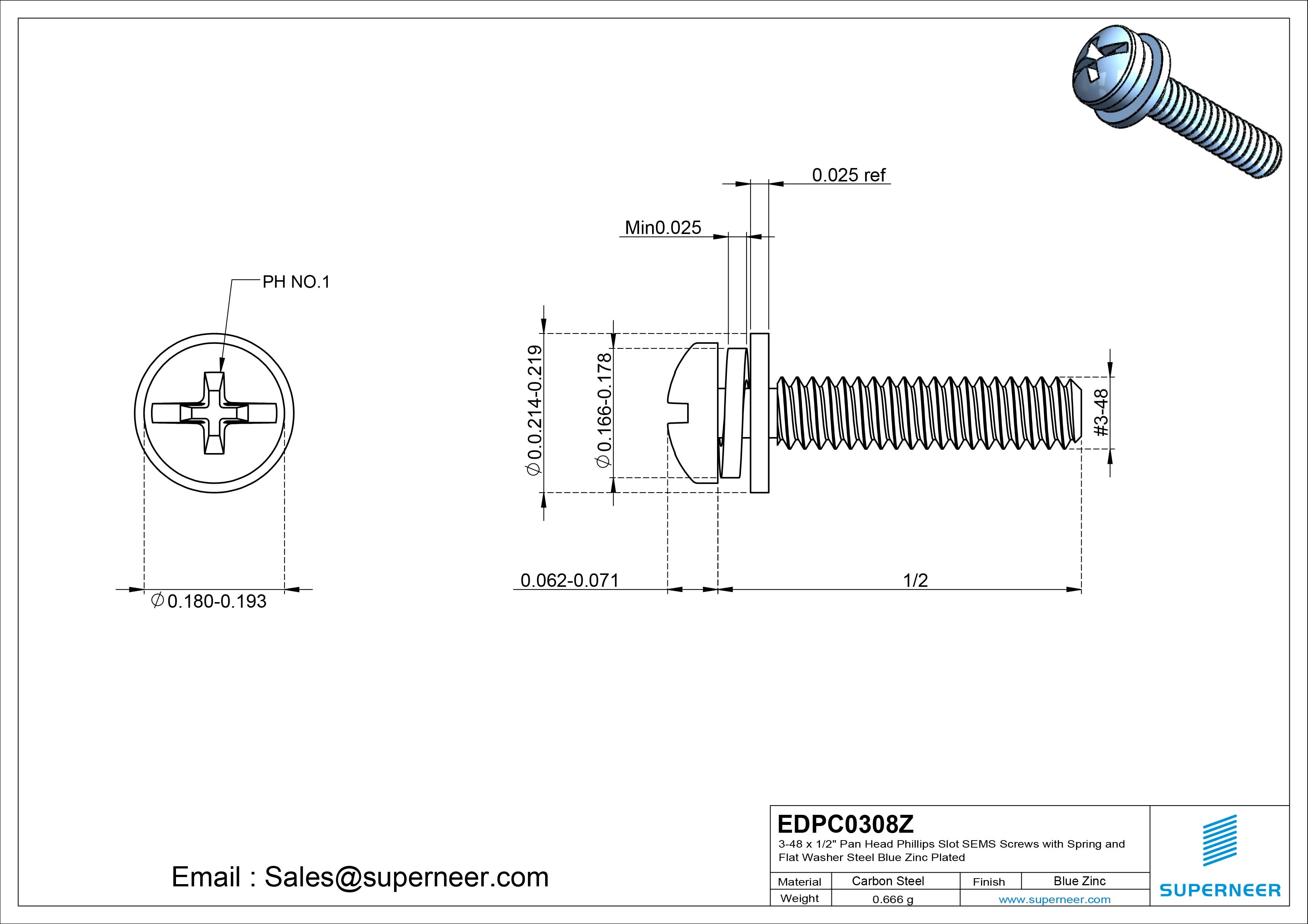 3-48 x 1/2" Pan Head Phillips Slot SEMS Screws with Spring and Flat Washer Steel Blue Zinc Plated