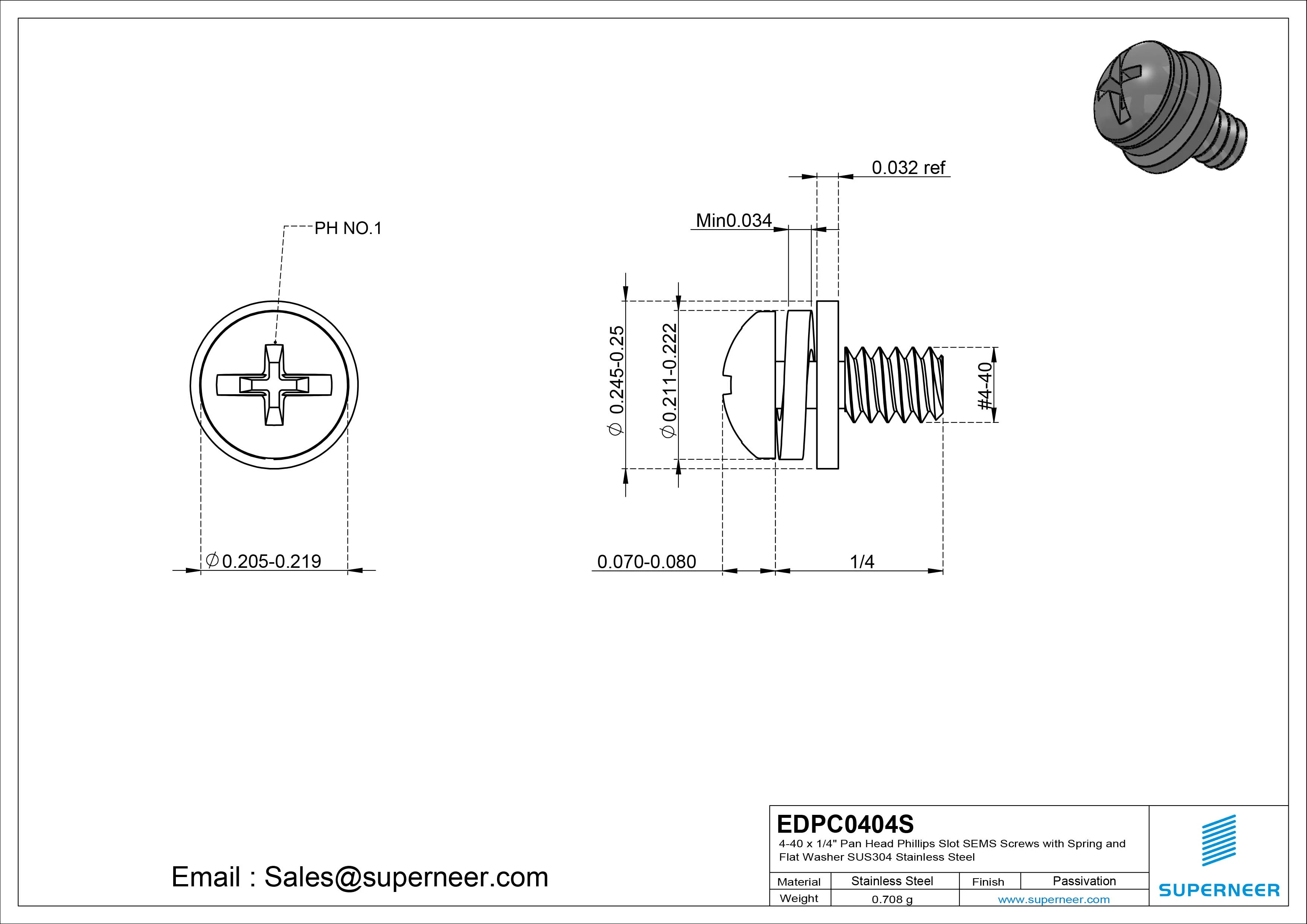 4-40 x 1/4" Pan Head Phillips Slot SEMS Screws with Spring and Flat Washer SUS304 Stainless Steel Inox