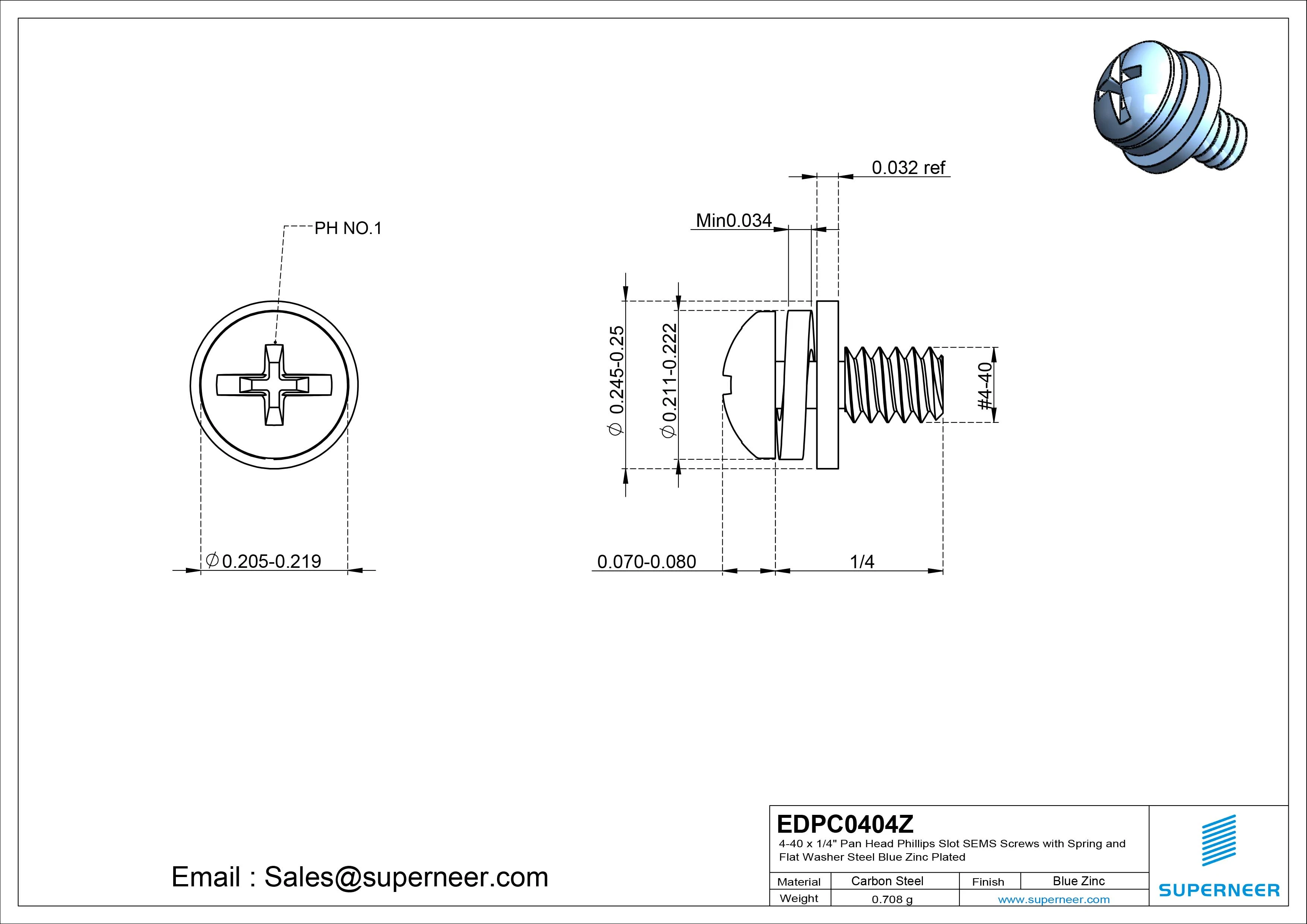 4-40 x 1/4" Pan Head Phillips Slot SEMS Screws with Spring and Flat Washer Steel Blue Zinc Plated