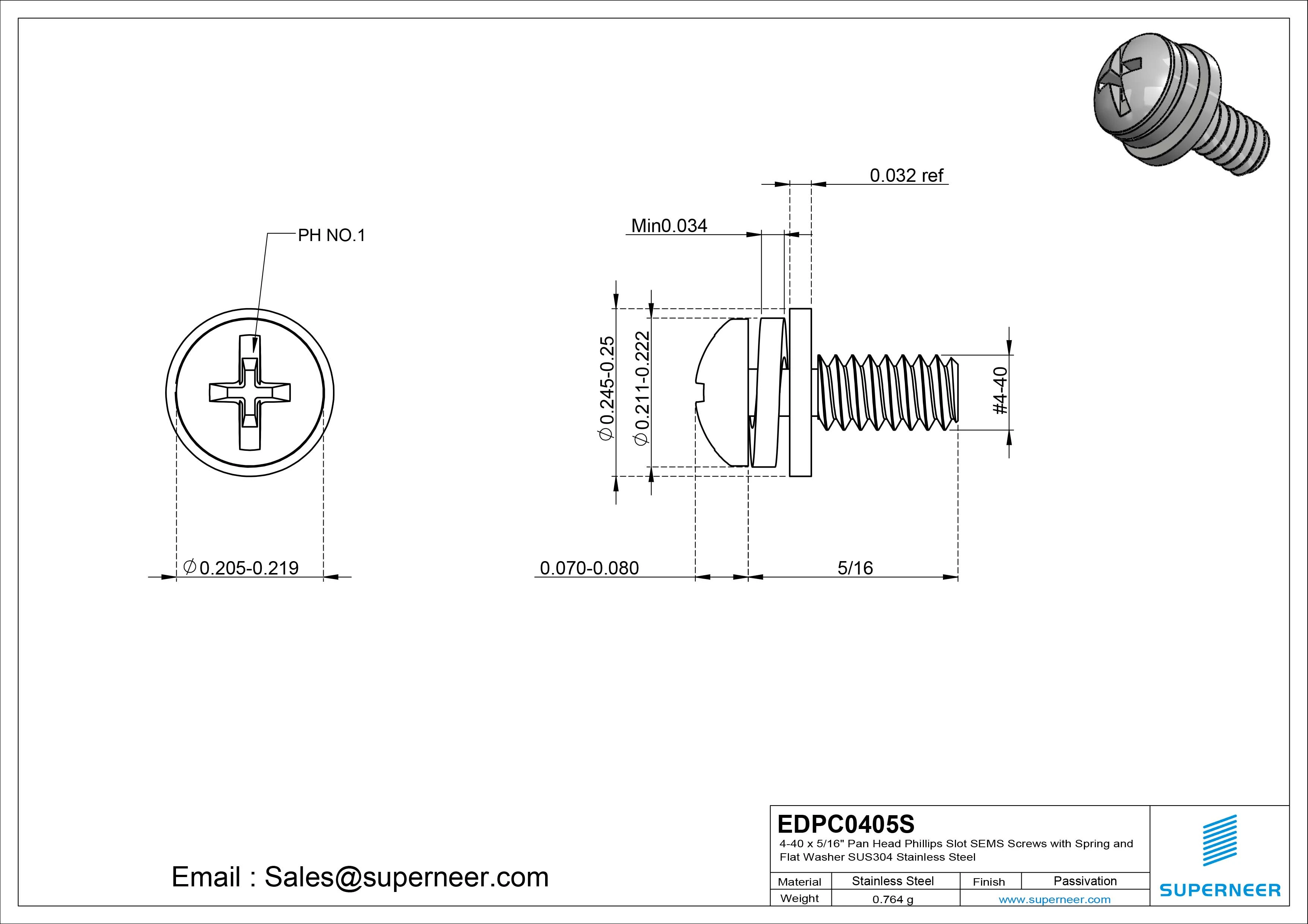 4-40 x 5/16" Pan Head Phillips Slot SEMS Screws with Spring and Flat Washer SUS304 Stainless Steel Inox