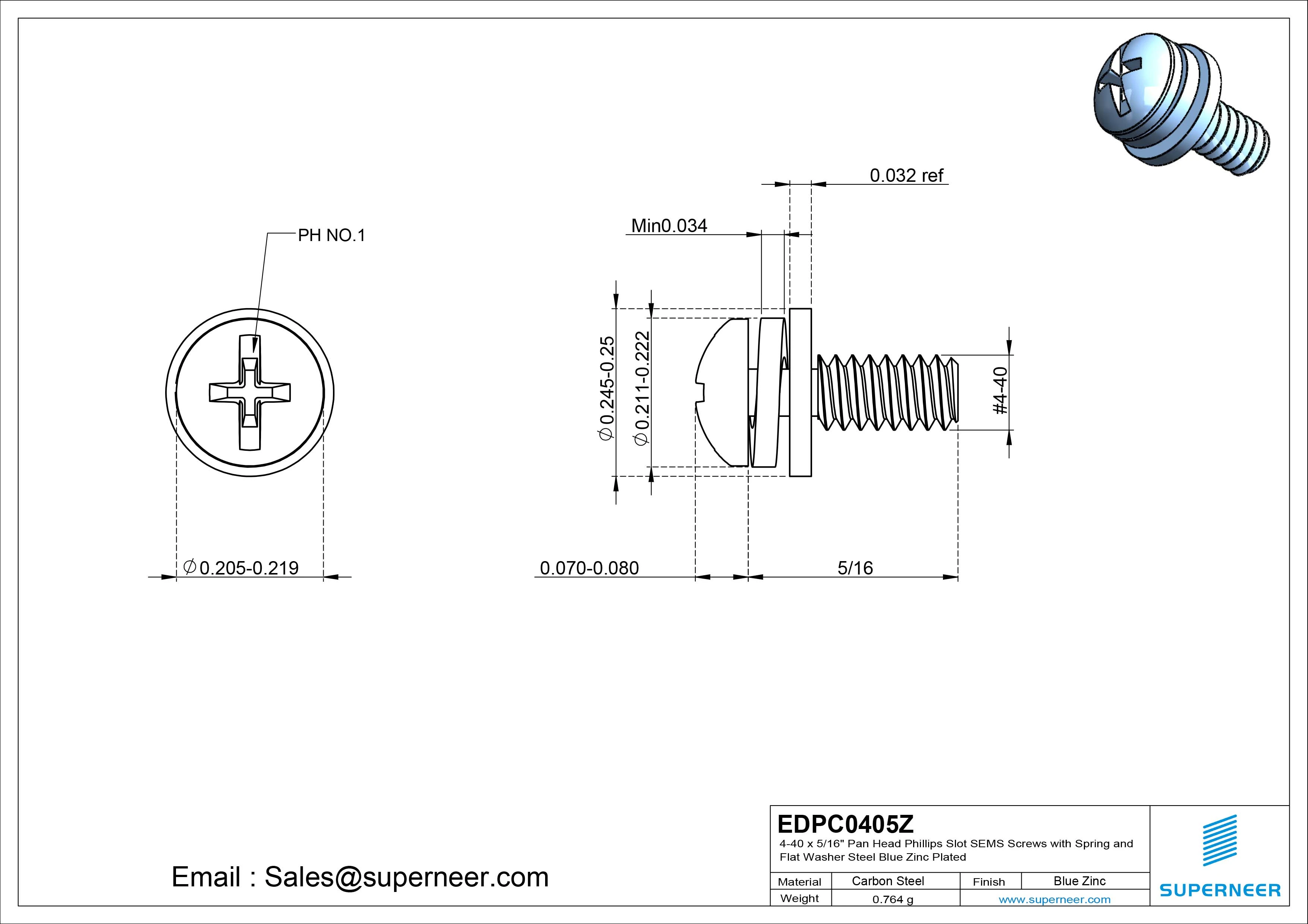 4-40 x 5/16" Pan Head Phillips Slot SEMS Screws with Spring and Flat Washer Steel Blue Zinc Plated