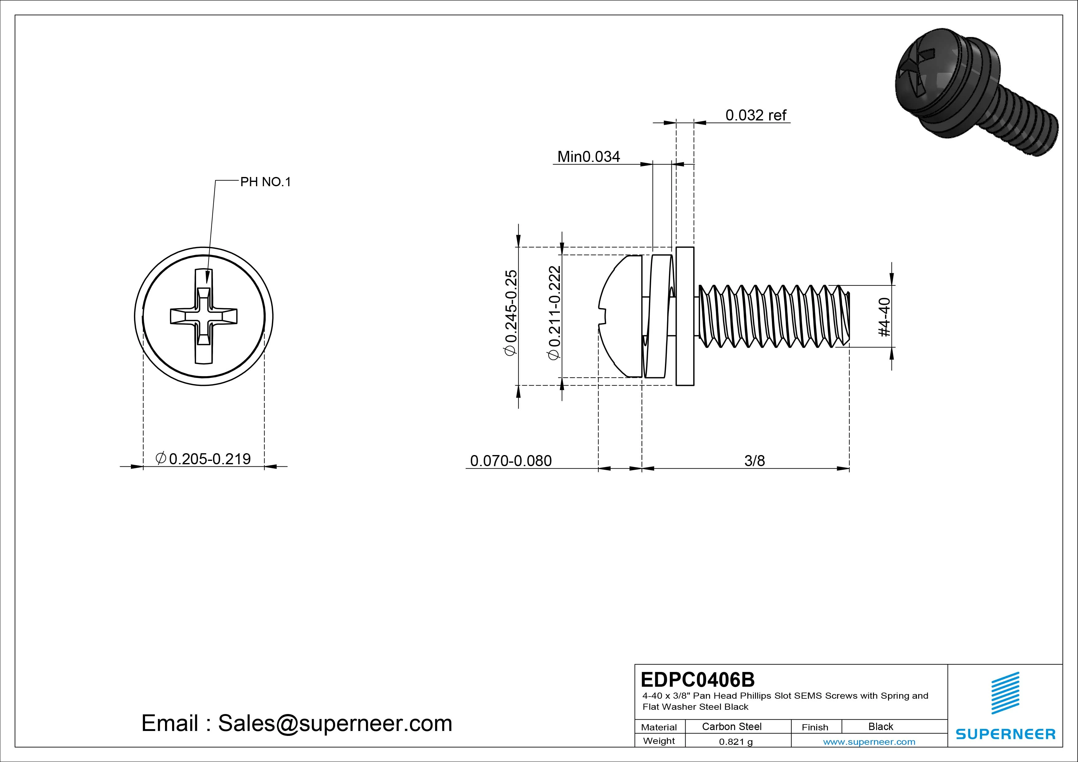 4-40 x 3/8" Pan Head Phillips Slot SEMS Screws with Spring and Flat Washer Steel Black