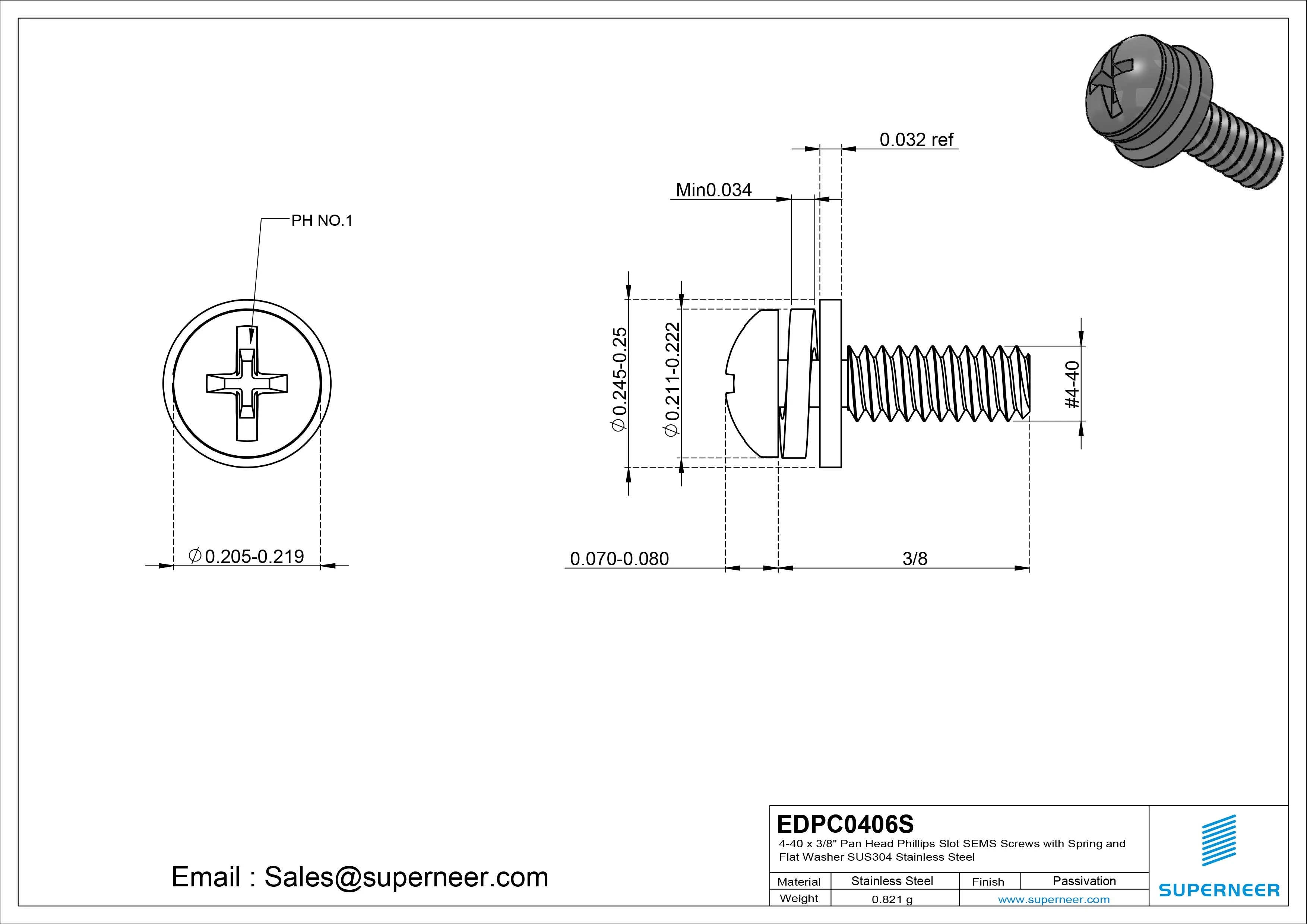 4-40 x 3/8" Pan Head Phillips Slot SEMS Screws with Spring and Flat Washer SUS304 Stainless Steel Inox