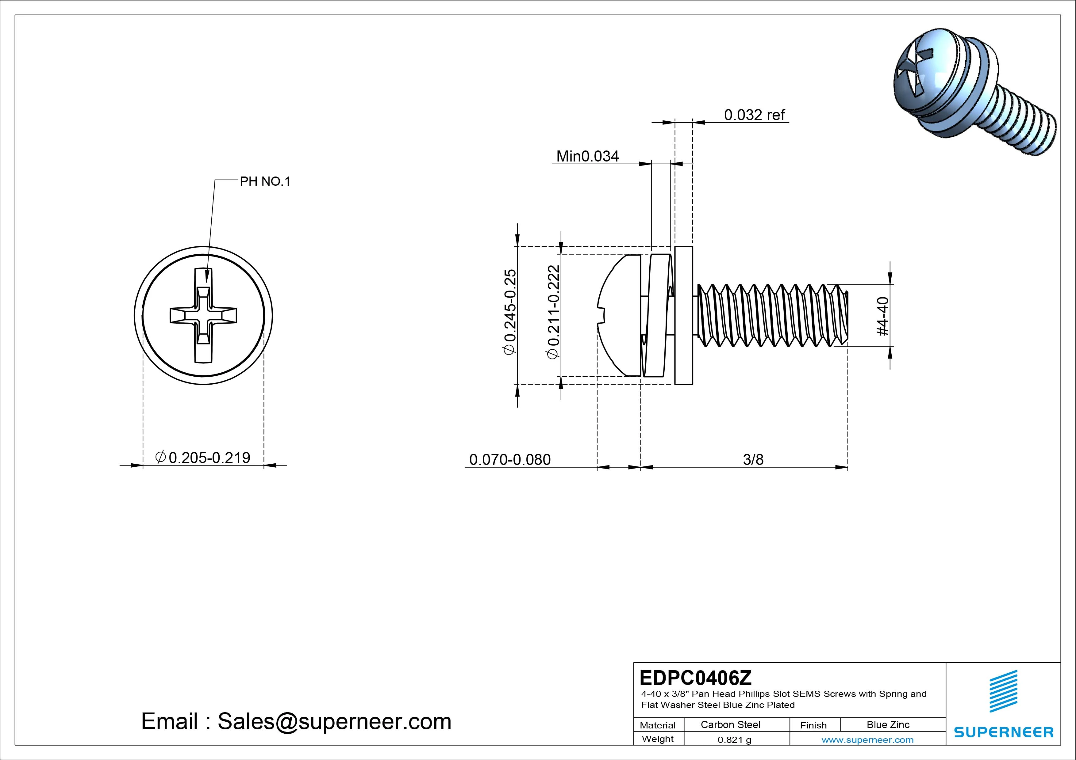 4-40 x 3/8" Pan Head Phillips Slot SEMS Screws with Spring and Flat Washer Steel Blue Zinc Plated