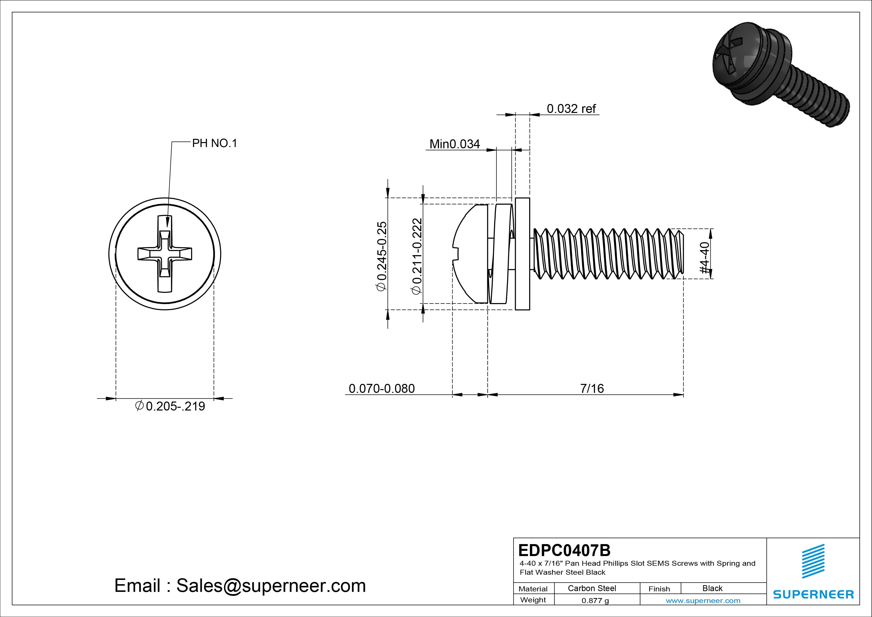 4-40 x 7/16" Pan Head Phillips Slot SEMS Screws with Spring and Flat Washer Steel Black