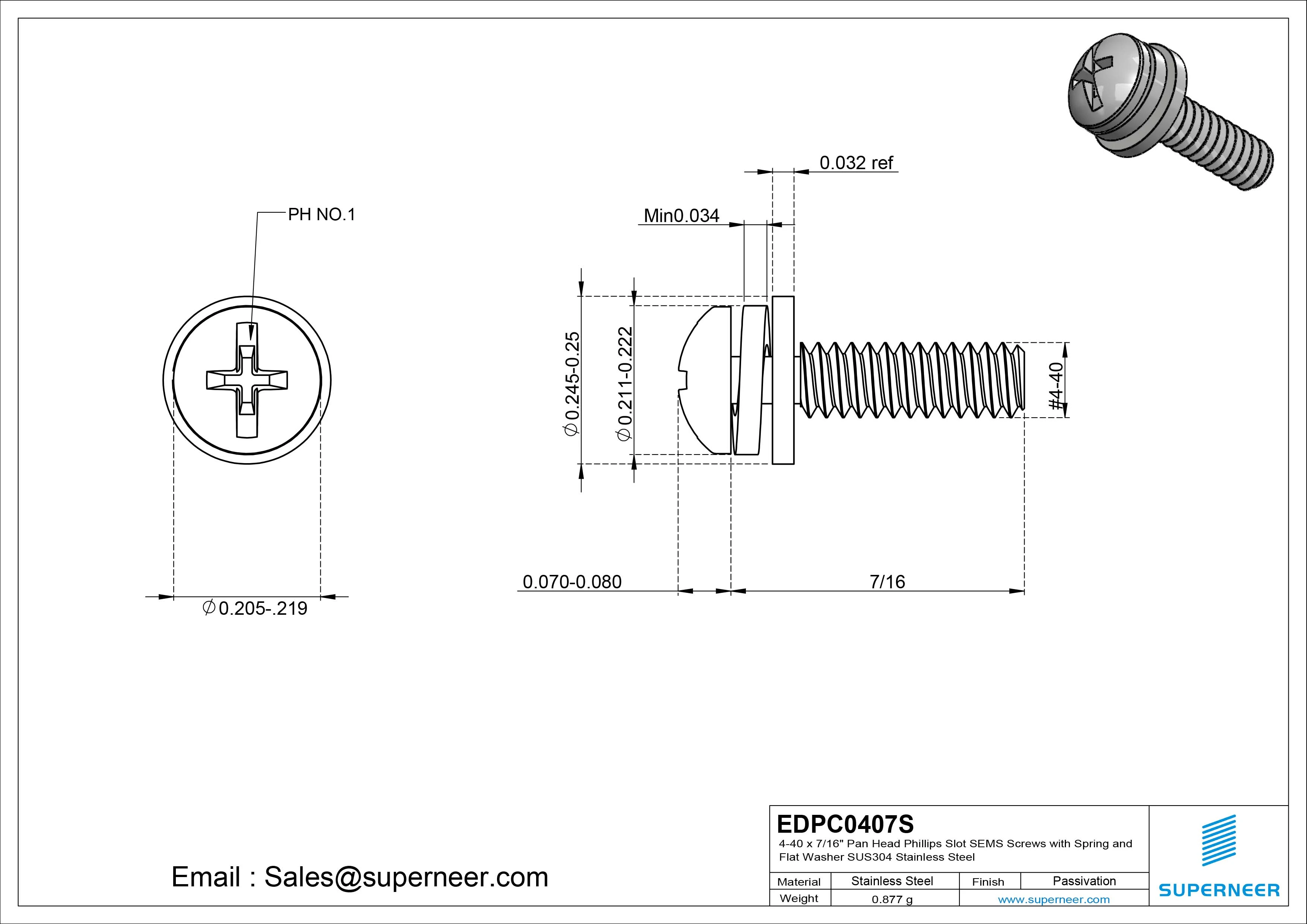 4-40 x 7/16" Pan Head Phillips Slot SEMS Screws with Spring and Flat Washer SUS304 Stainless Steel Inox