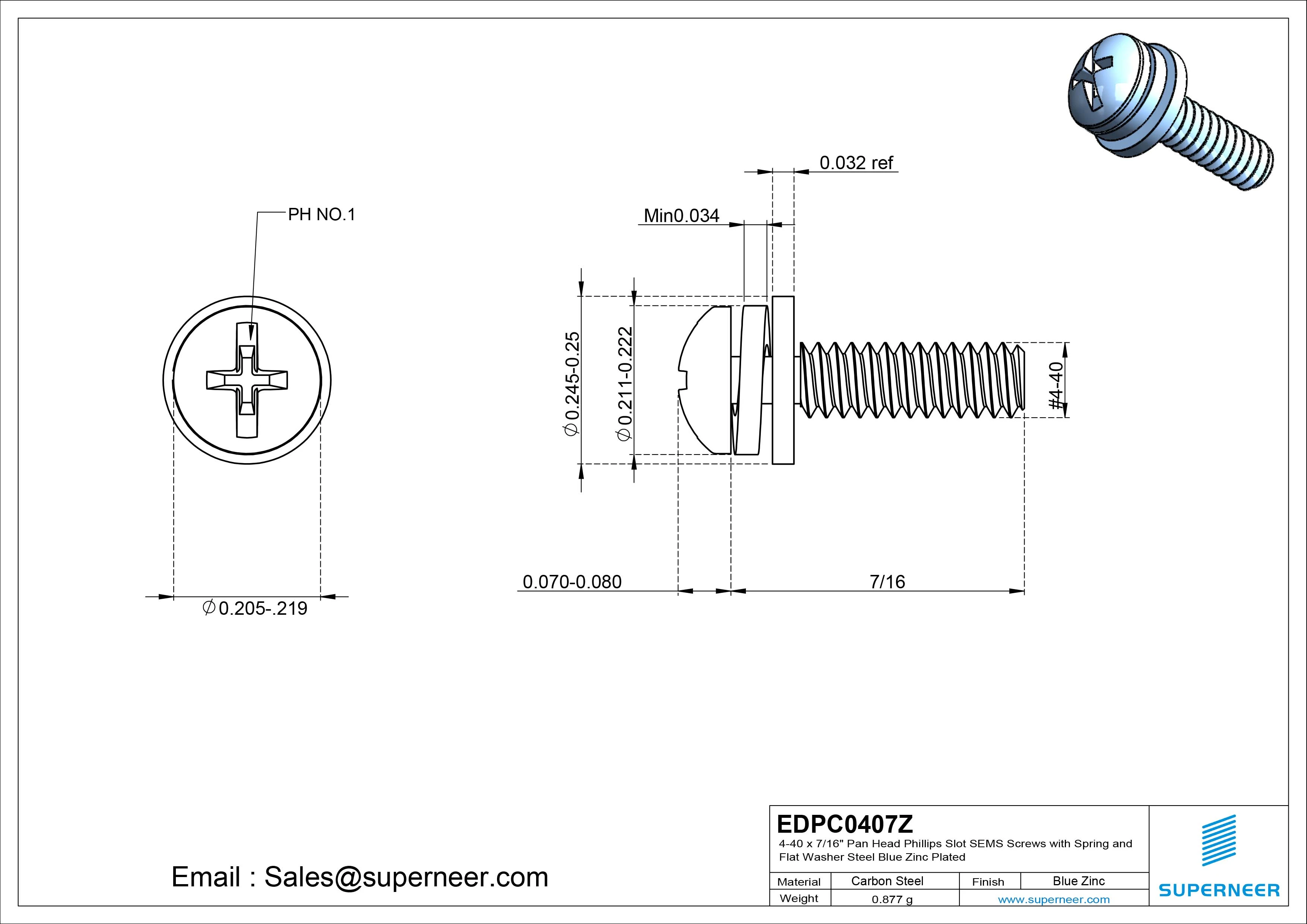 4-40 x 7/16" Pan Head Phillips Slot SEMS Screws with Spring and Flat Washer Steel Blue Zinc Plated