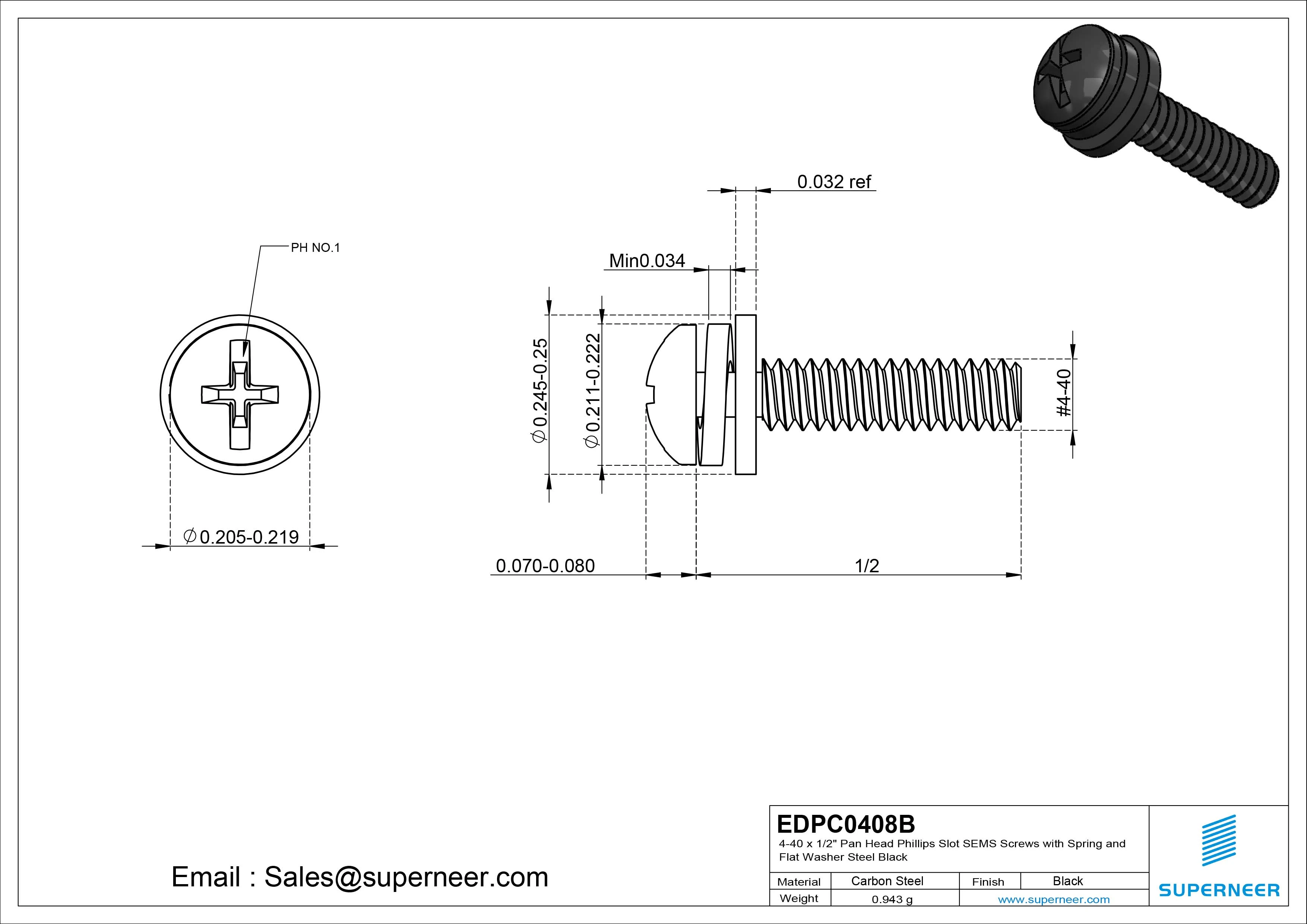 4-40 x 1/2" Pan Head Phillips Slot SEMS Screws with Spring and Flat Washer Steel Black