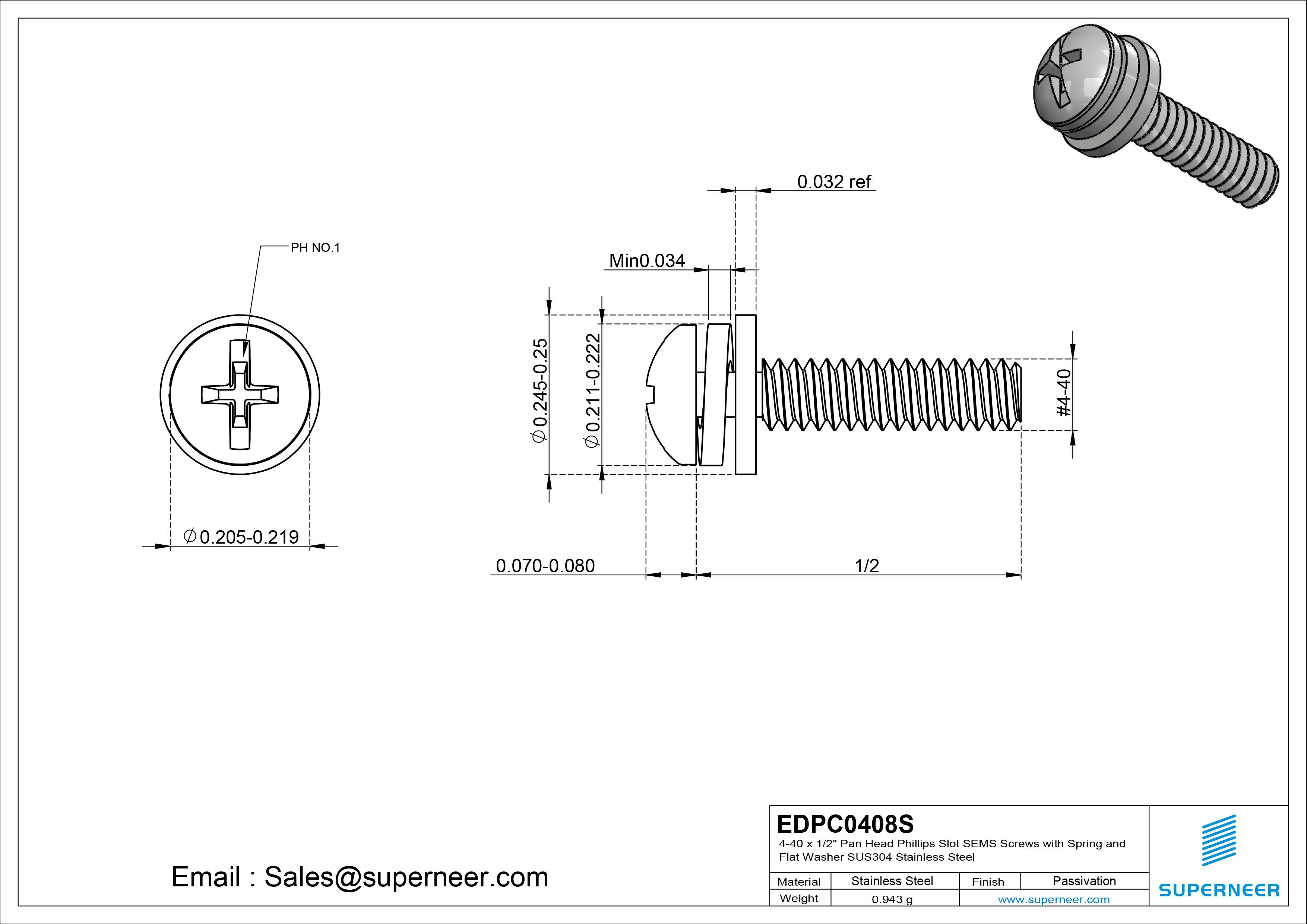 4-40 x 1/2" Pan Head Phillips Slot SEMS Screws with Spring and Flat Washer SUS304 Stainless Steel Inox