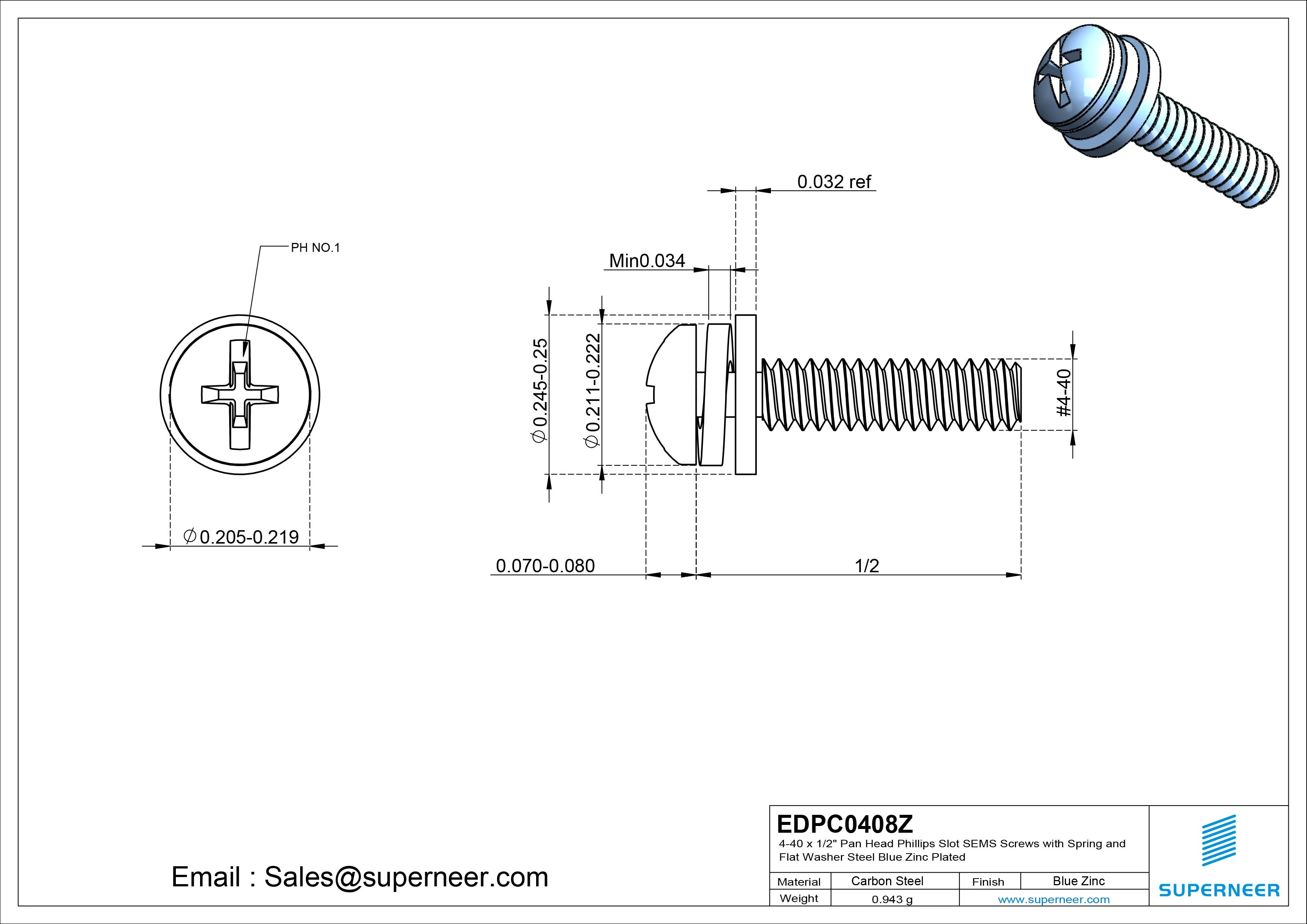 4-40 x 1/2" Pan Head Phillips Slot SEMS Screws with Spring and Flat Washer Steel Blue Zinc Plated