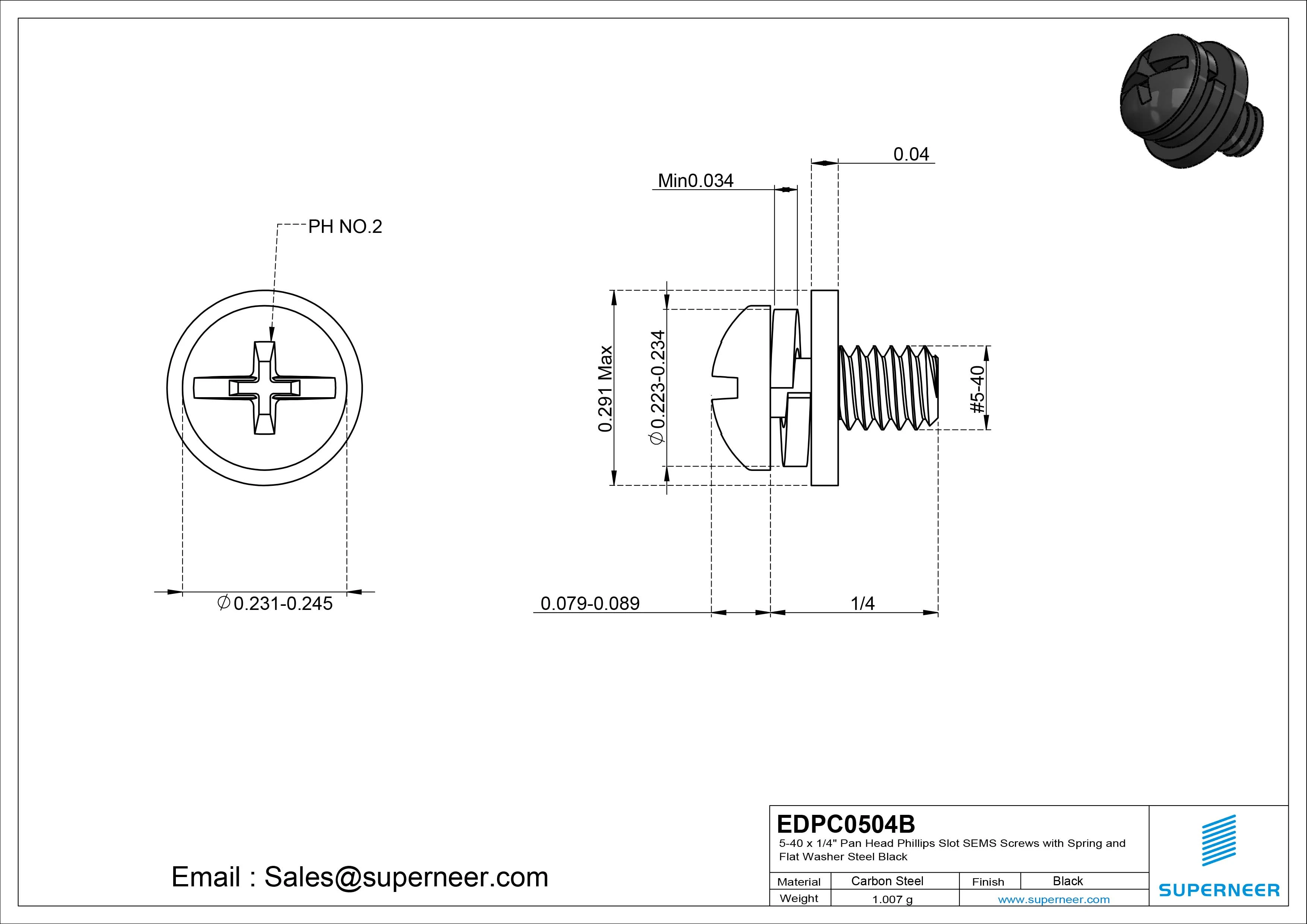 5-40 x 1/4" Pan Head Phillips Slot SEMS Screws with Spring and Flat Washer Steel Black