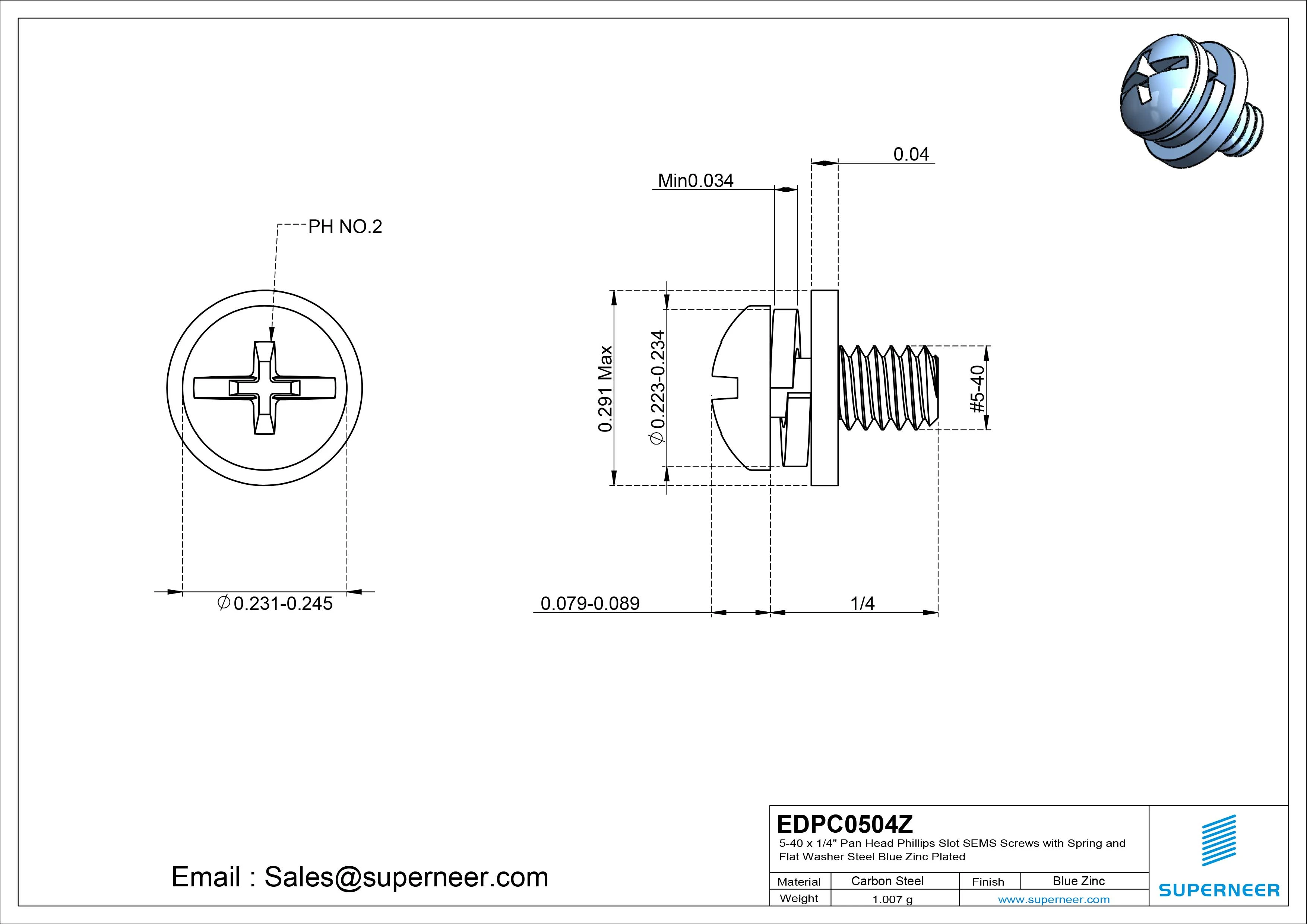 5-40 x 1/4" Pan Head Phillips Slot SEMS Screws with Spring and Flat Washer Steel Blue Zinc Plated