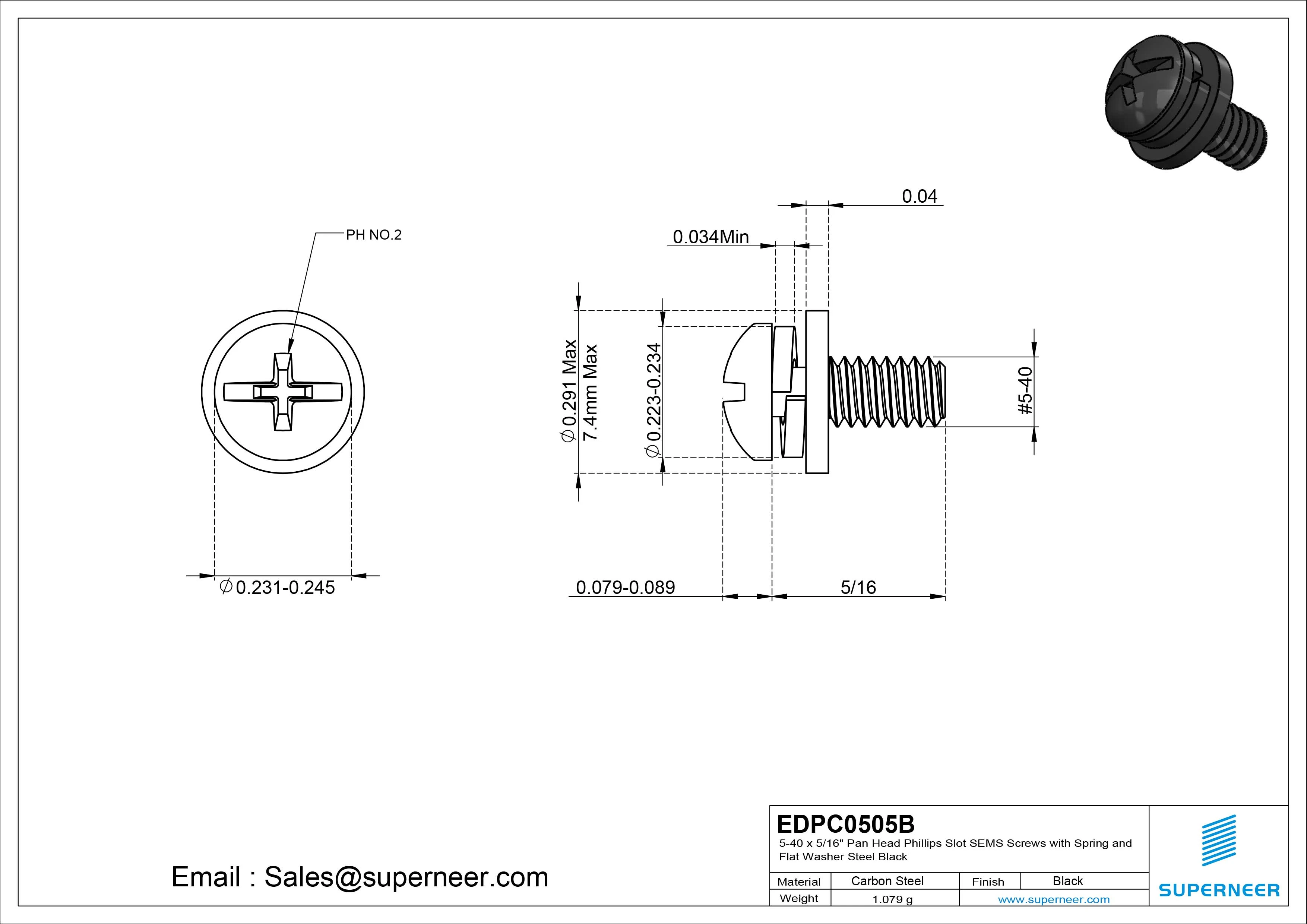 5-40 x 5/16" Pan Head Phillips Slot SEMS Screws with Spring and Flat Washer Steel Black