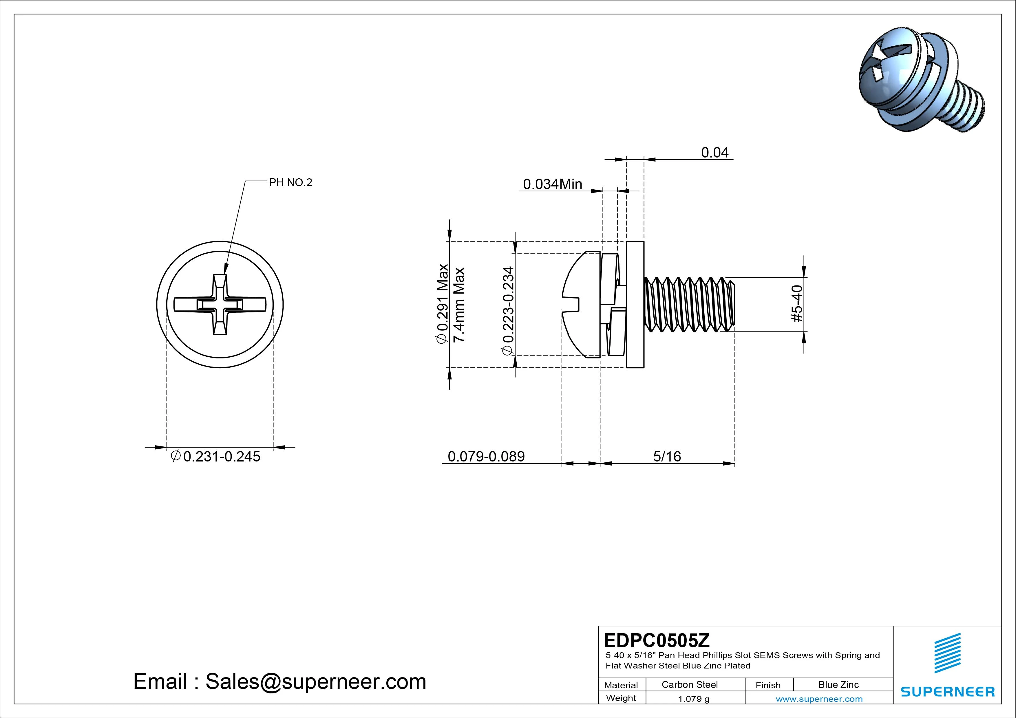 5-40 x 5/16" Pan Head Phillips Slot SEMS Screws with Spring and Flat Washer Steel Blue Zinc Plated