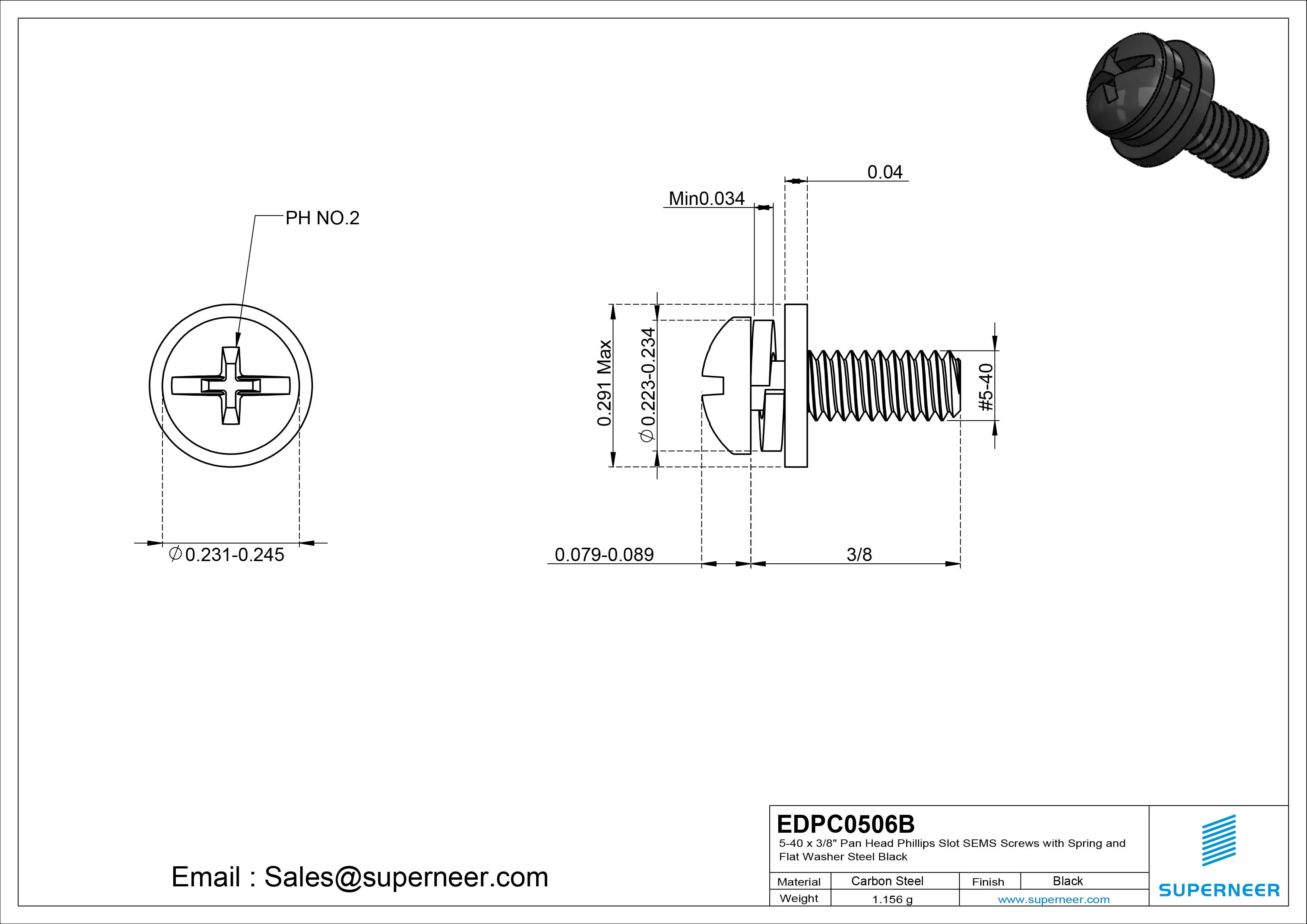 5-40 x 3/8" Pan Head Phillips Slot SEMS Screws with Spring and Flat Washer Steel Black
