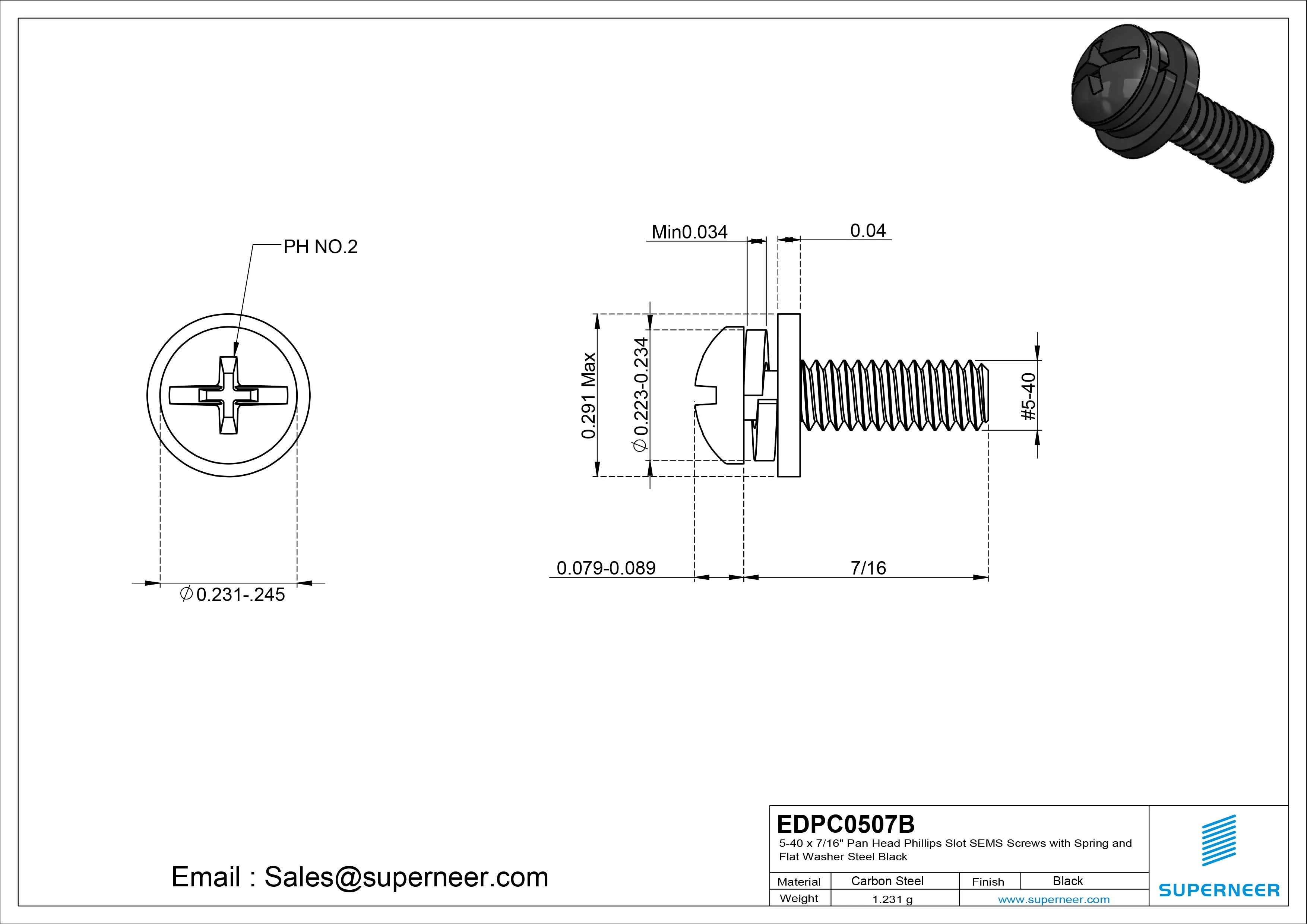 5-40 x 7/16" Pan Head Phillips Slot SEMS Screws with Spring and Flat Washer Steel Black